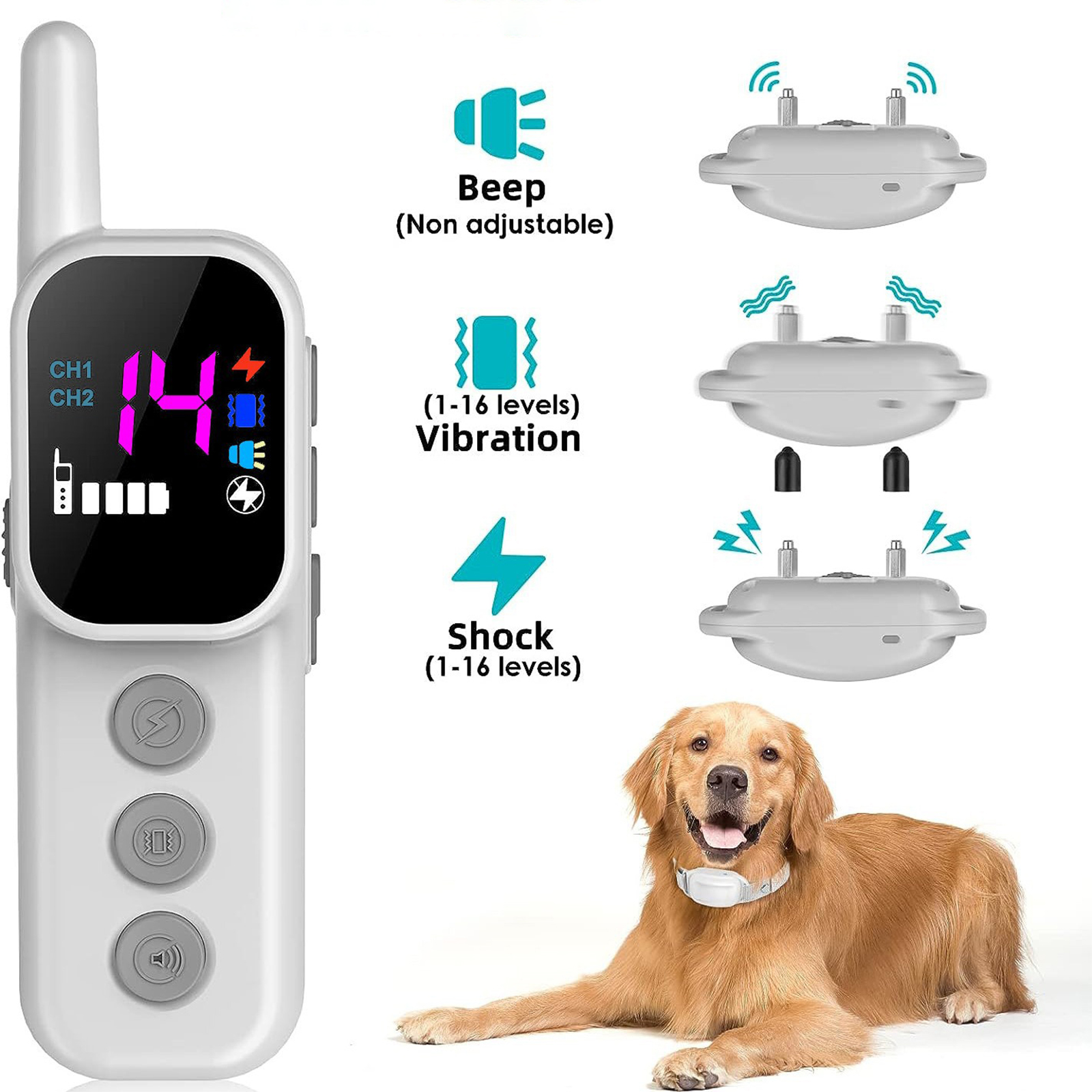 Ein weißes Hundeausbildungssystem mit Fernbedienung, Halsband und Diagrammen der Funktionen.