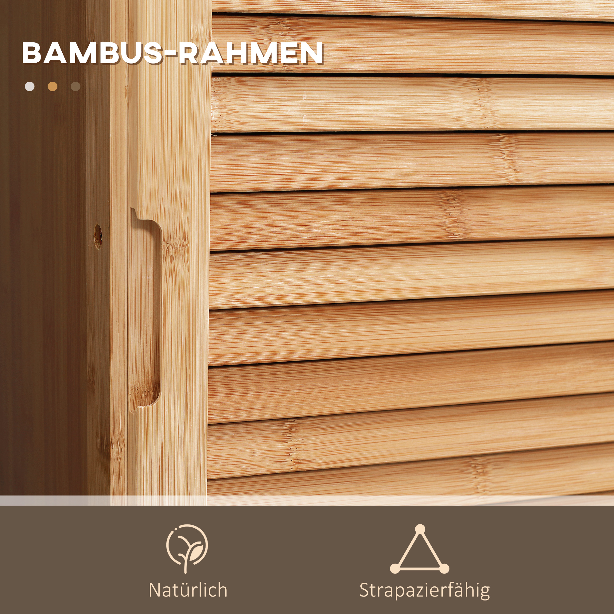 Holzschrank mit Griff. Der Schrank hat horizontale Lamellen.