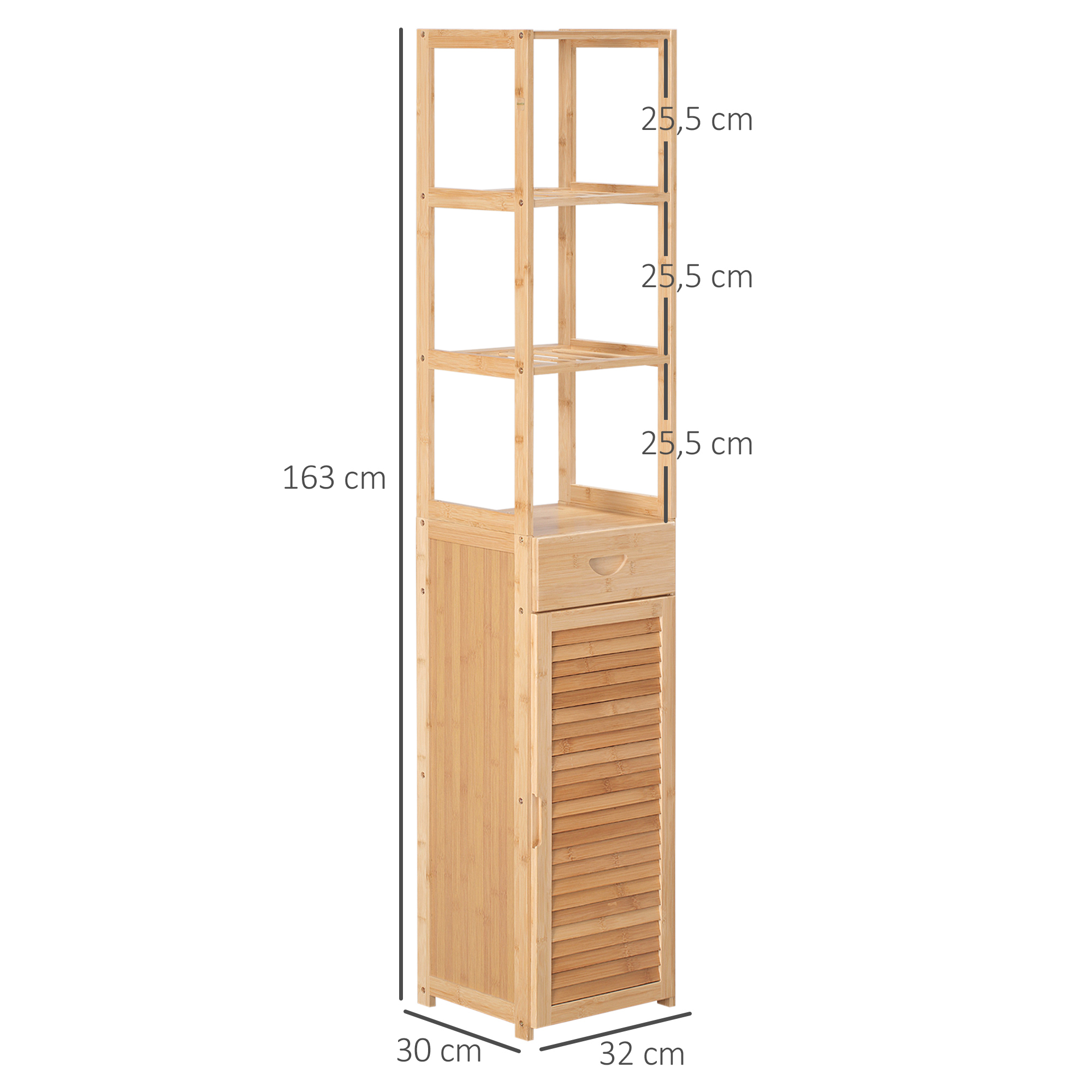 Hoher Holzschrank mit Regalen und Schublade, Maße in cm. Der Schrank steht auf Weiß.