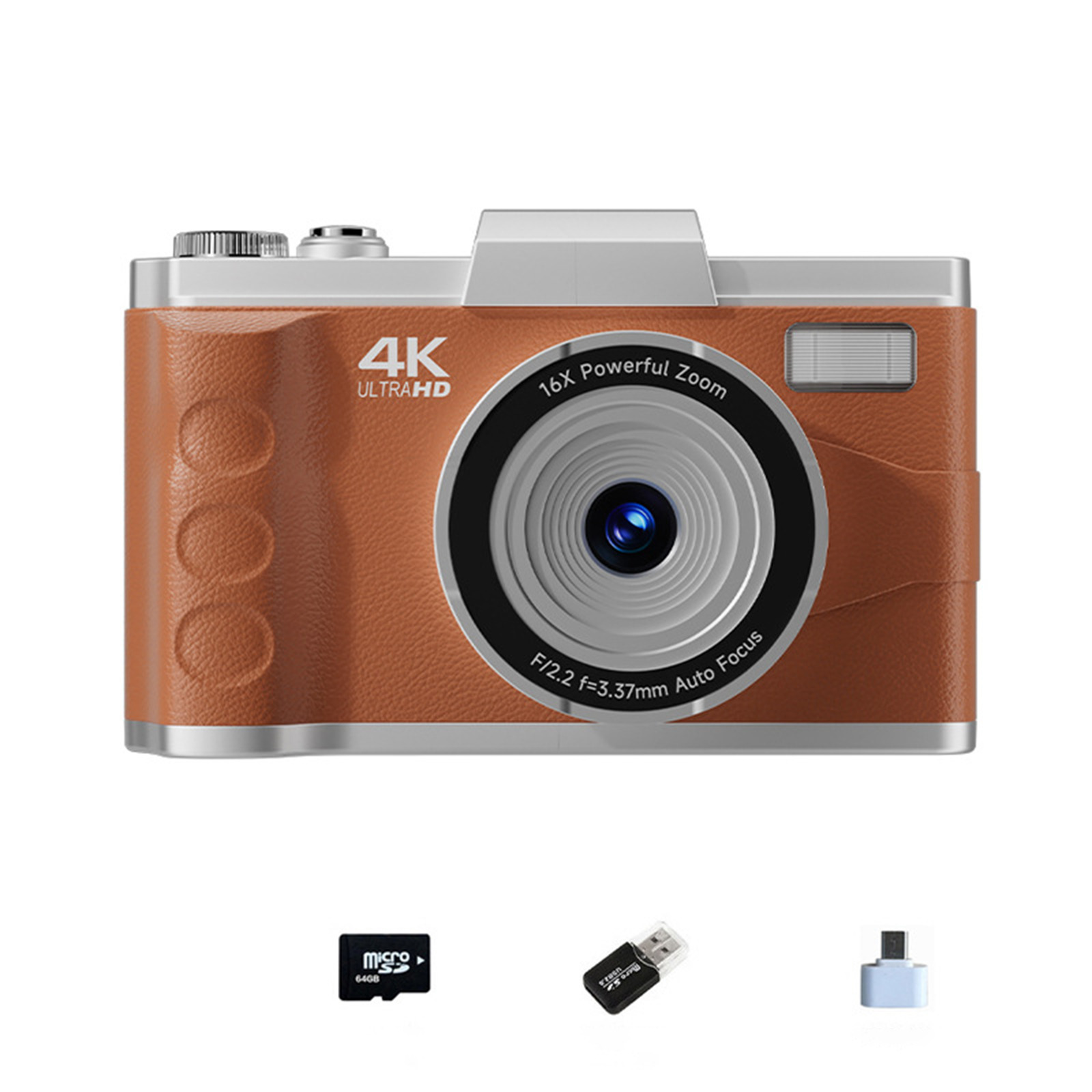 Eine braune Lederkamera mit Zoomobjektiv und Micro-SD-Karte.