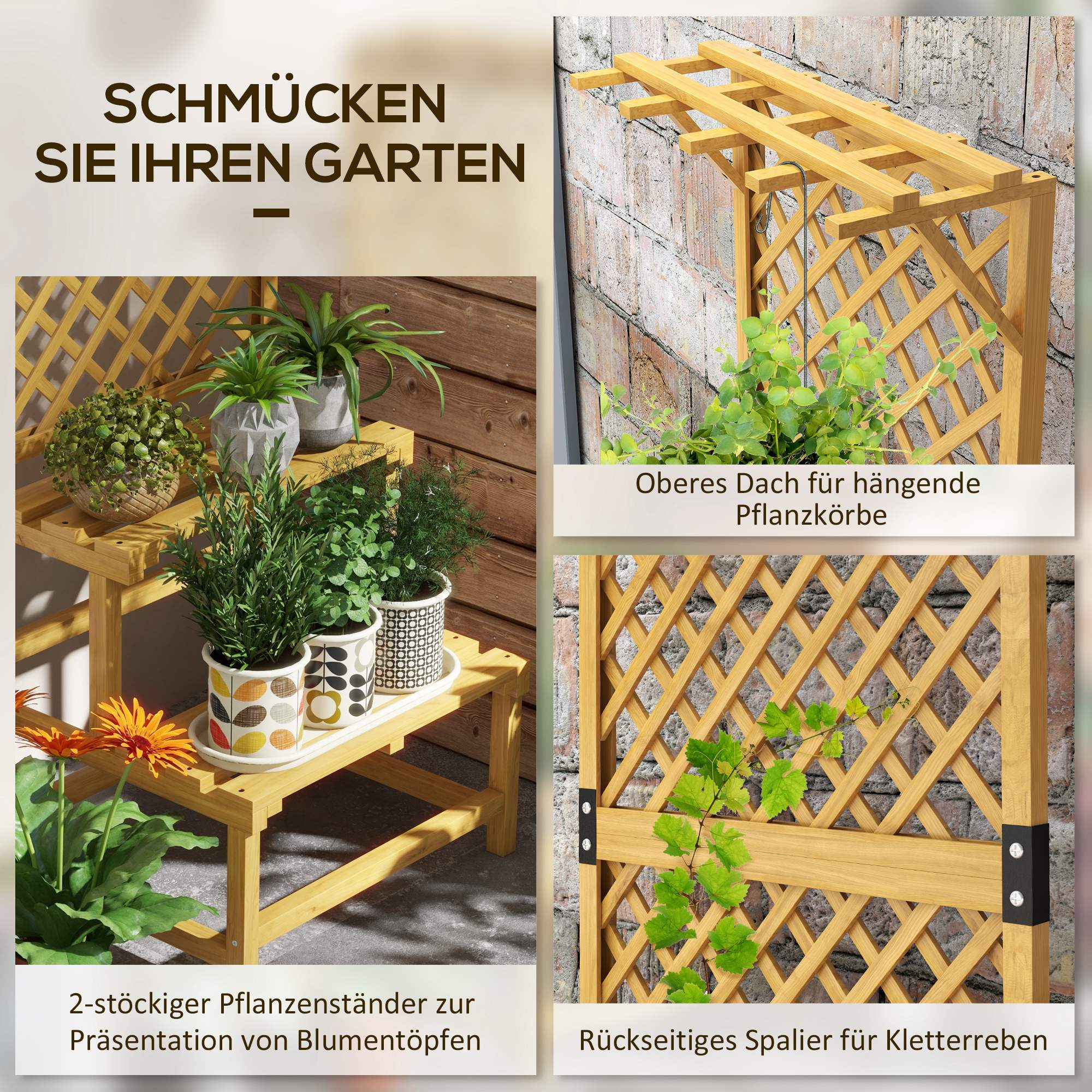 Ein hölzerner Gartenpflanzenständer mit mehreren Ebenen. Er zeigt Topfpflanzen. Spalier mit Kletterpflanzen.
