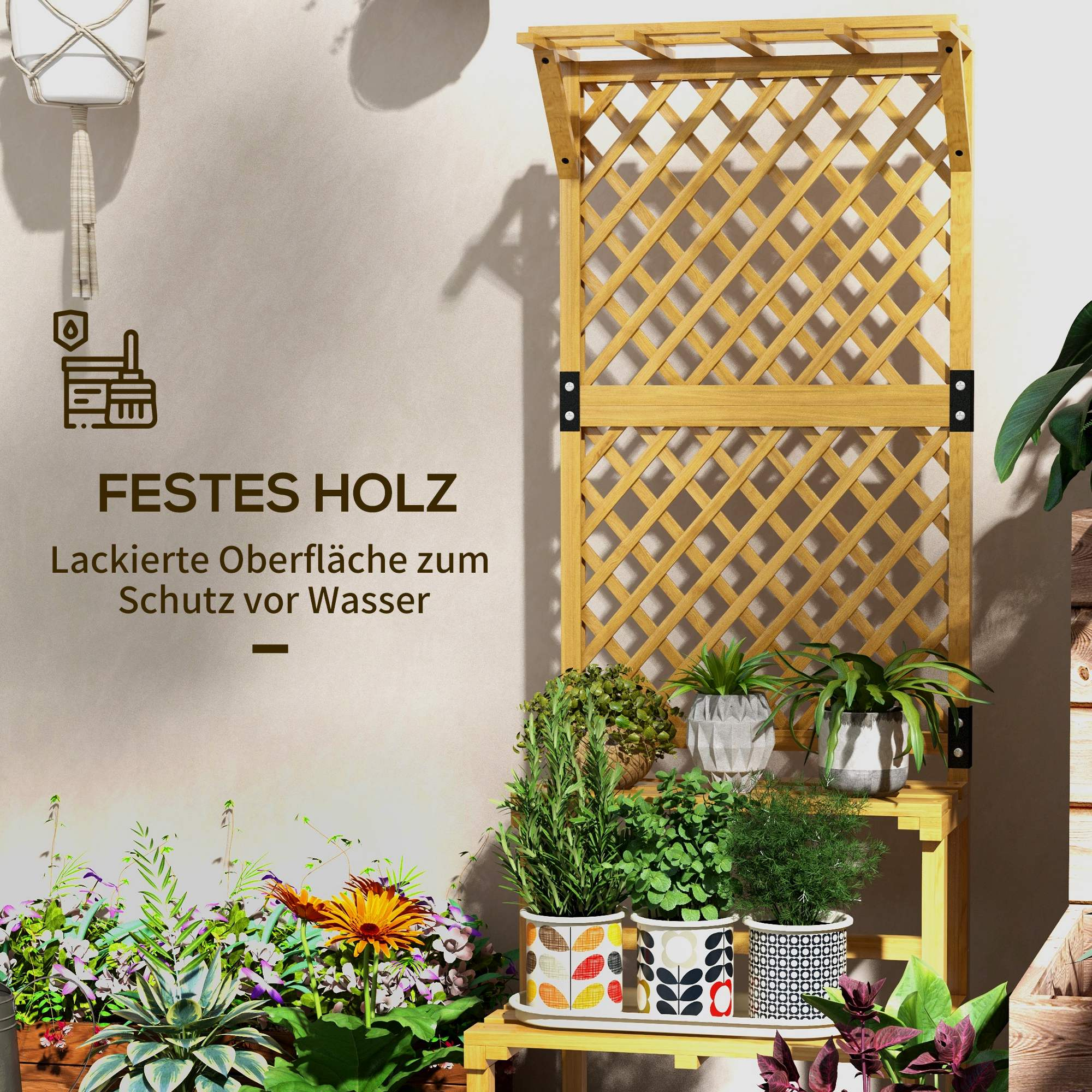 Holzgitter mit Pflanzen in Töpfen und Text: „Festes Holz, lackierte Oberfläche zum Schutz vor Wasser“.