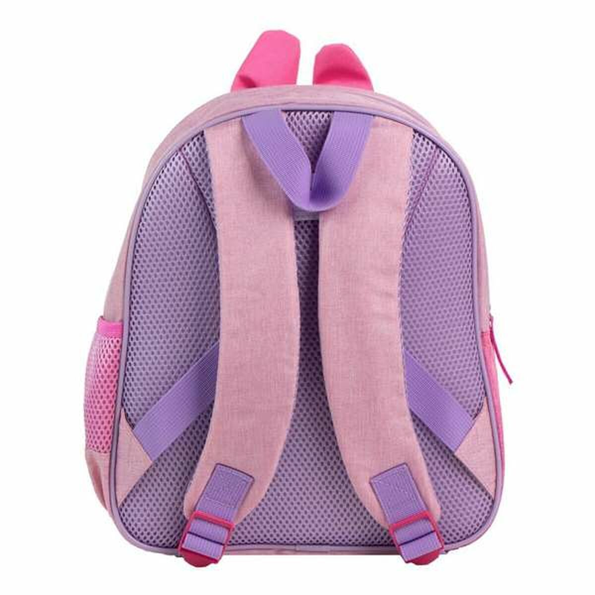 Rosa und lila Rucksack. Mit Netztasche, verstellbaren Trägern und rosa Akzenten.