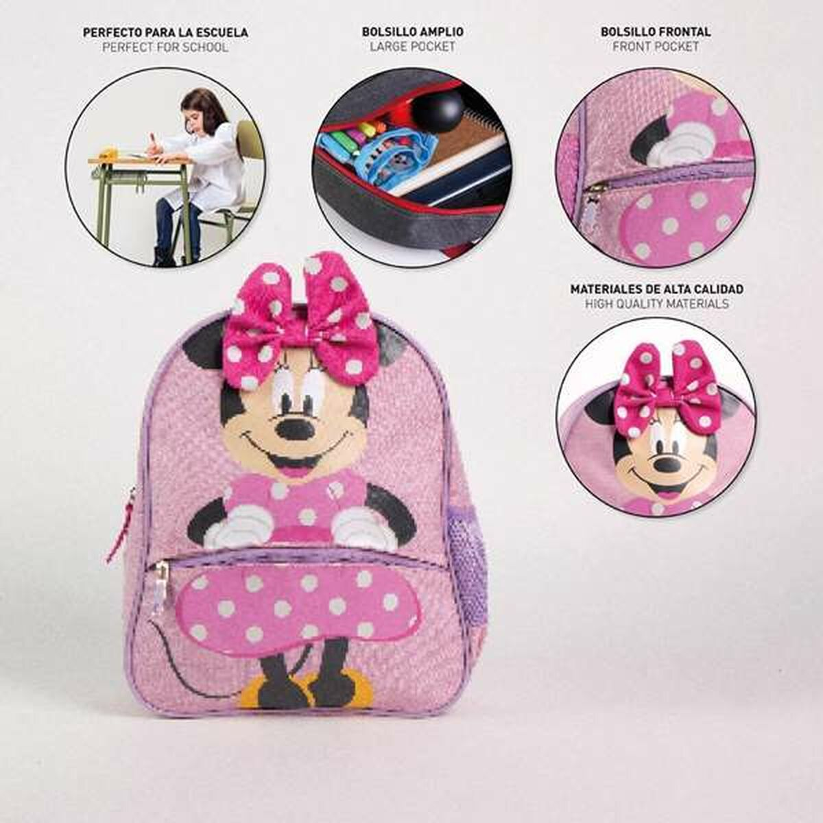 Rosa Minnie Maus Rucksack mit verschiedenen Merkmalen und Beschreibungen.