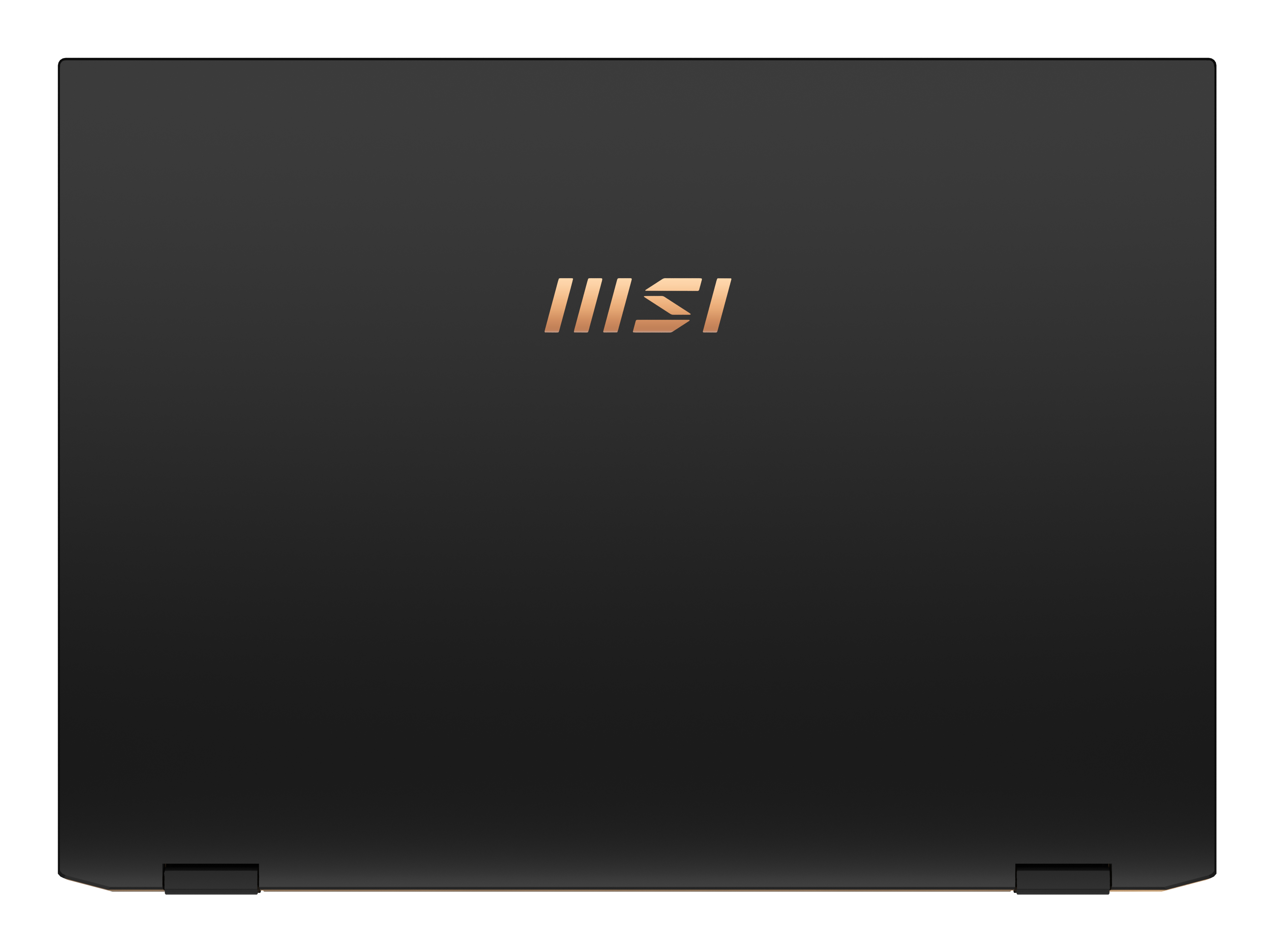 Vista trasera de una laptop negra con el logotipo dorado de MSI centrado en la tapa. La laptop está cerrada.