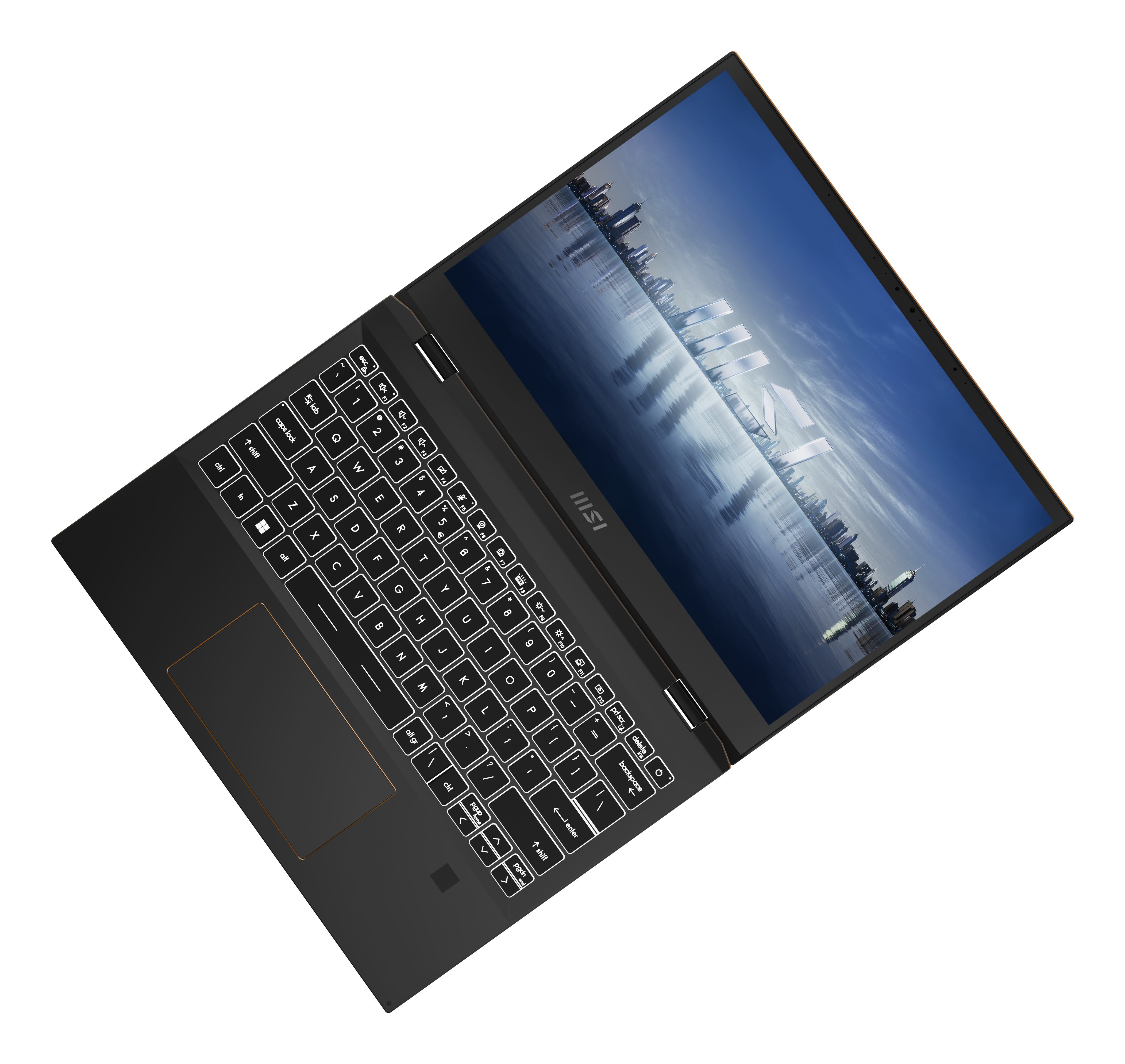 Laptop negro con teclado retroiluminado blanco, abierto sobre superficie blanca, imagen de ciudad.