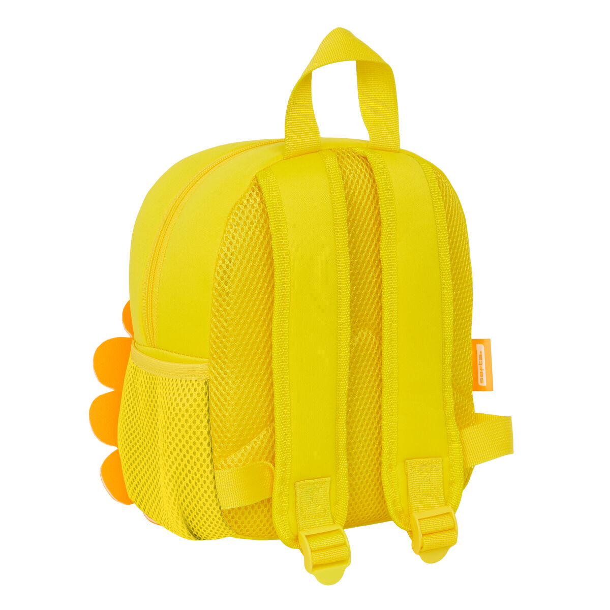 Gelber Rucksack mit Sonnendesign. Orange und gelbe Akzente. Weißer Hintergrund.