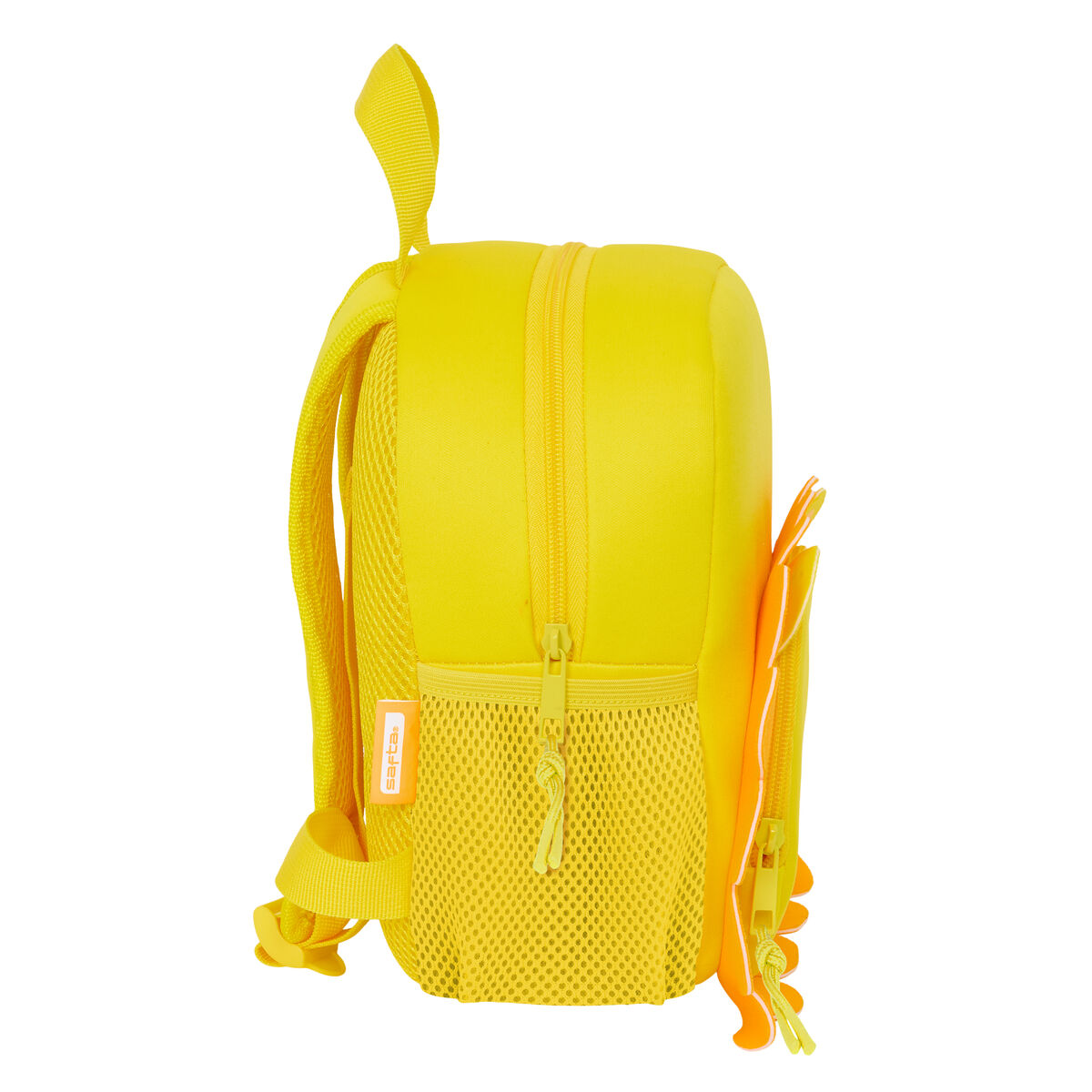 Gelber Rucksack mit Reißverschluss, Netztasche und kleinem gelben Griff.