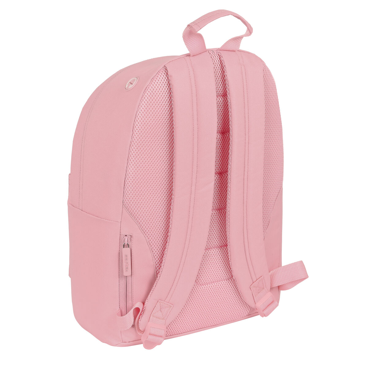 Ein rosa Rucksack von hinten. Er hat zwei Schultergurte und einen Mesh-Rücken.