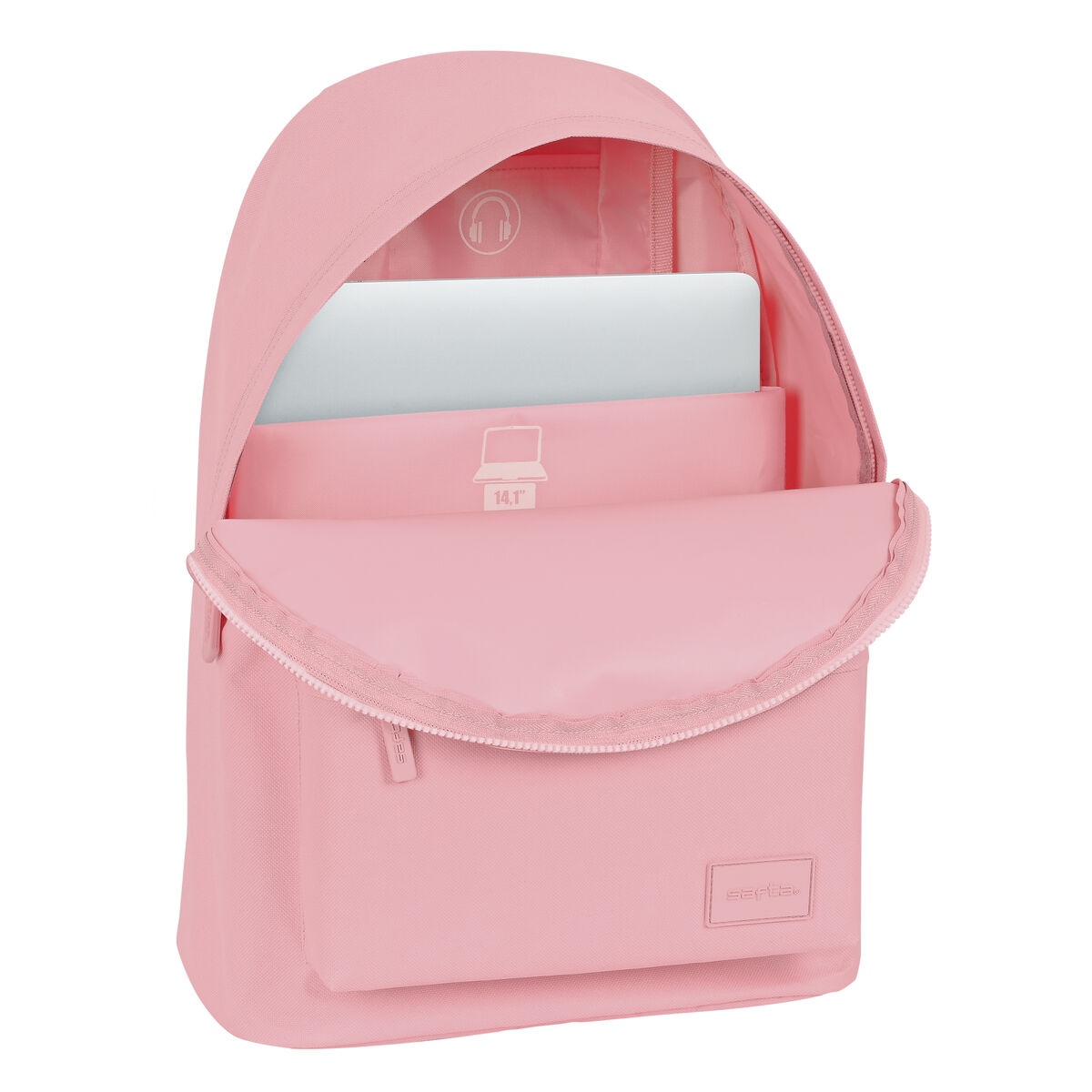 Ein pinkfarbener Rucksack ist geöffnet und zeigt einen Laptop und eine 14,1-Zoll-Laptoptasche. Die Tasche hat ein Kopfhörersymbol.
