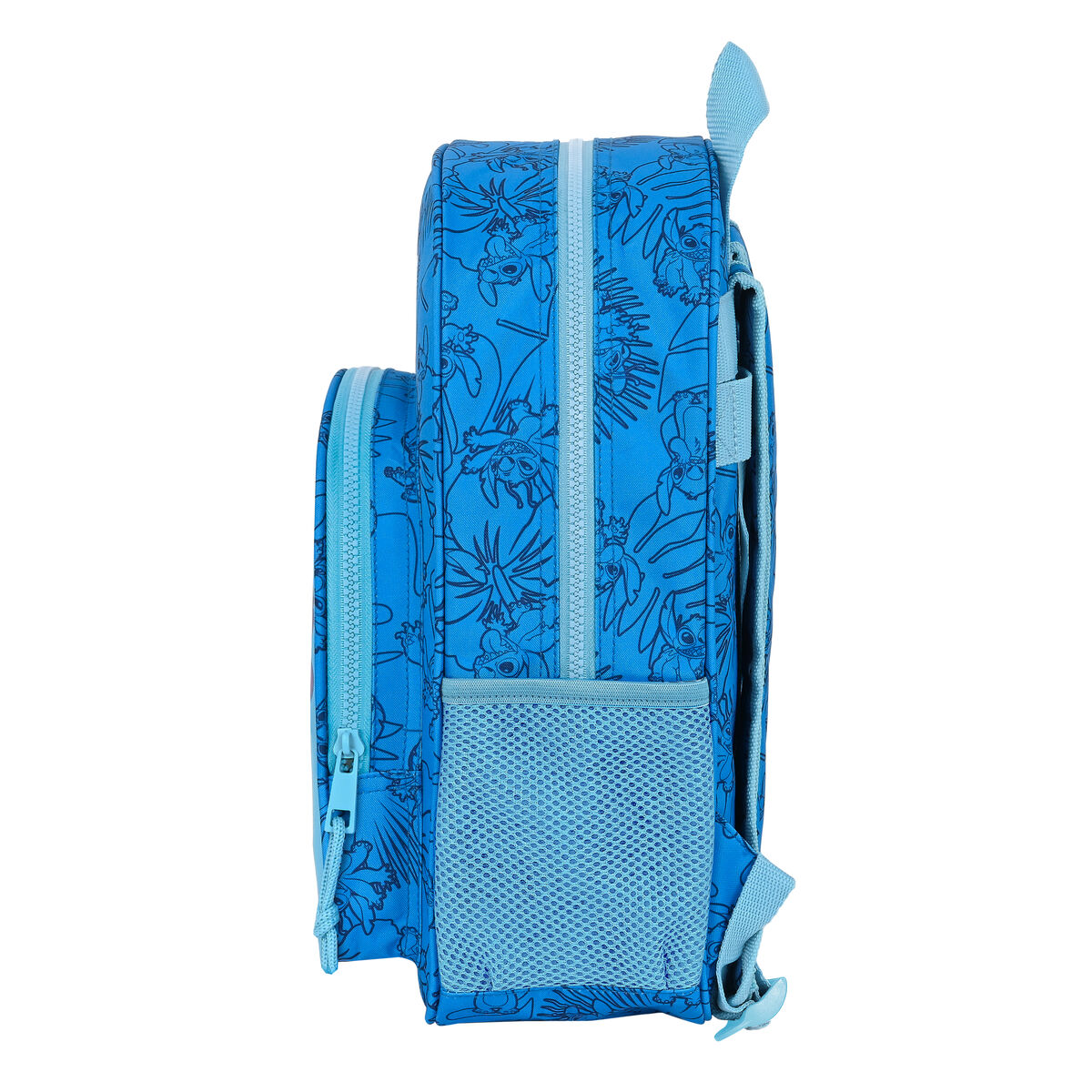 Blauer Rucksack mit floralem Design und Seitentasche. Reißverschlüsse sichtbar.