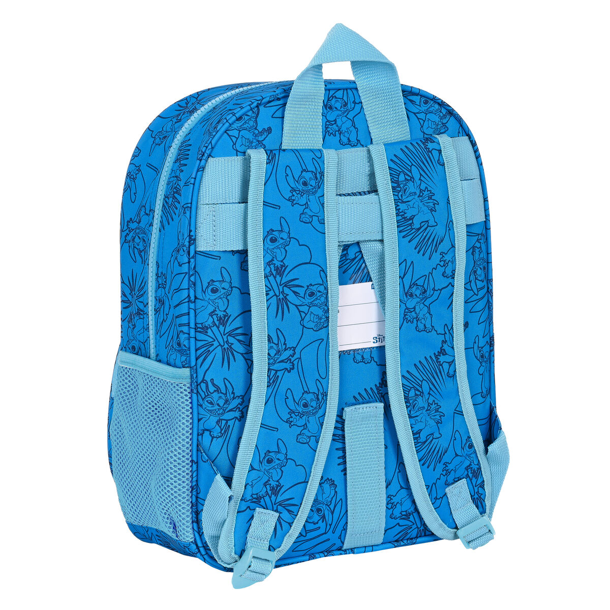 Blauer Rucksack mit Stitch-Cartoon-Design. Er hat blaue Träger und eine seitliche Netztasche.