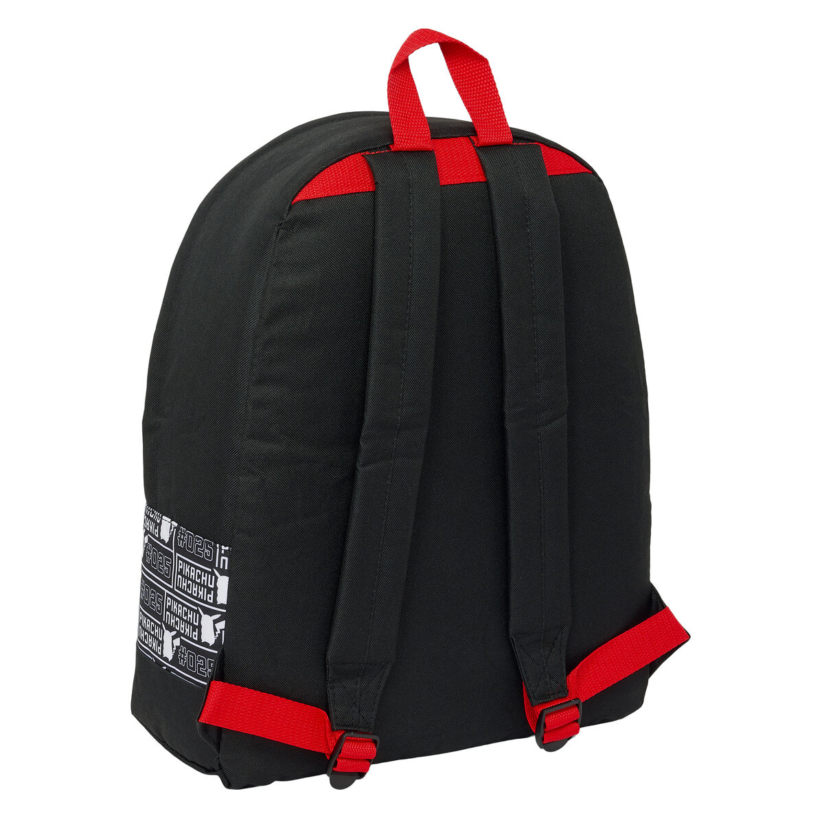 Schwarzer Rucksack mit roter Verzierung und weißem Logo-Text an der Seite.