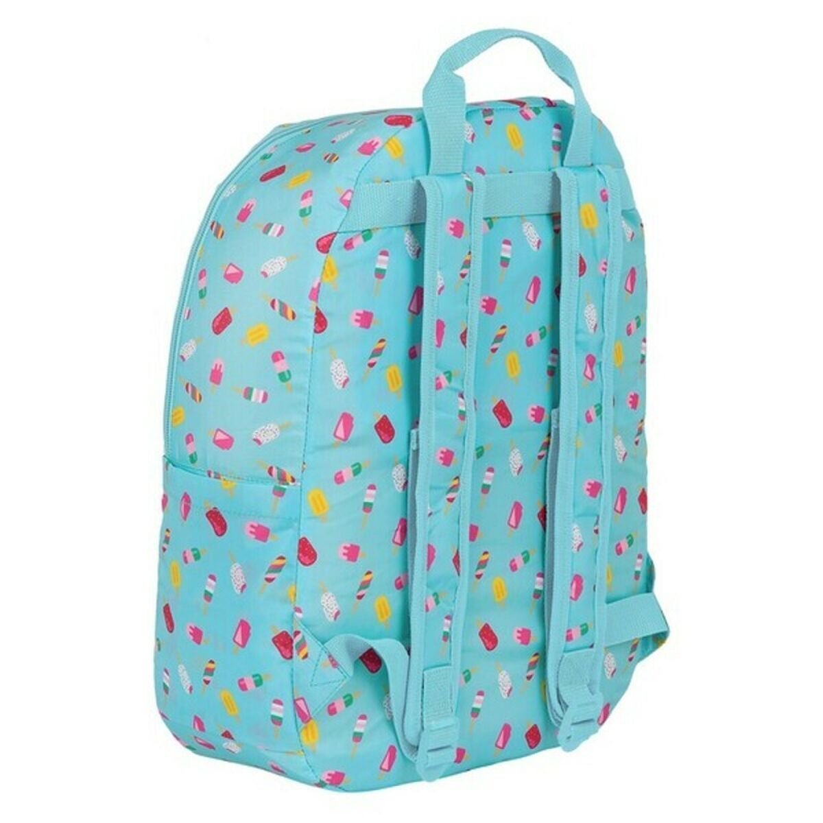 Blauer Rucksack mit bunten Eis am Stiel-Muster. Zwei Träger, Vordertasche, oberer Griff.