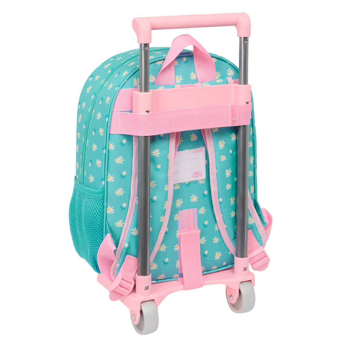 Ein türkisfarbener Rucksack mit Gänseblümchenmuster auf einem rosa Rollgestell, Rückansicht.