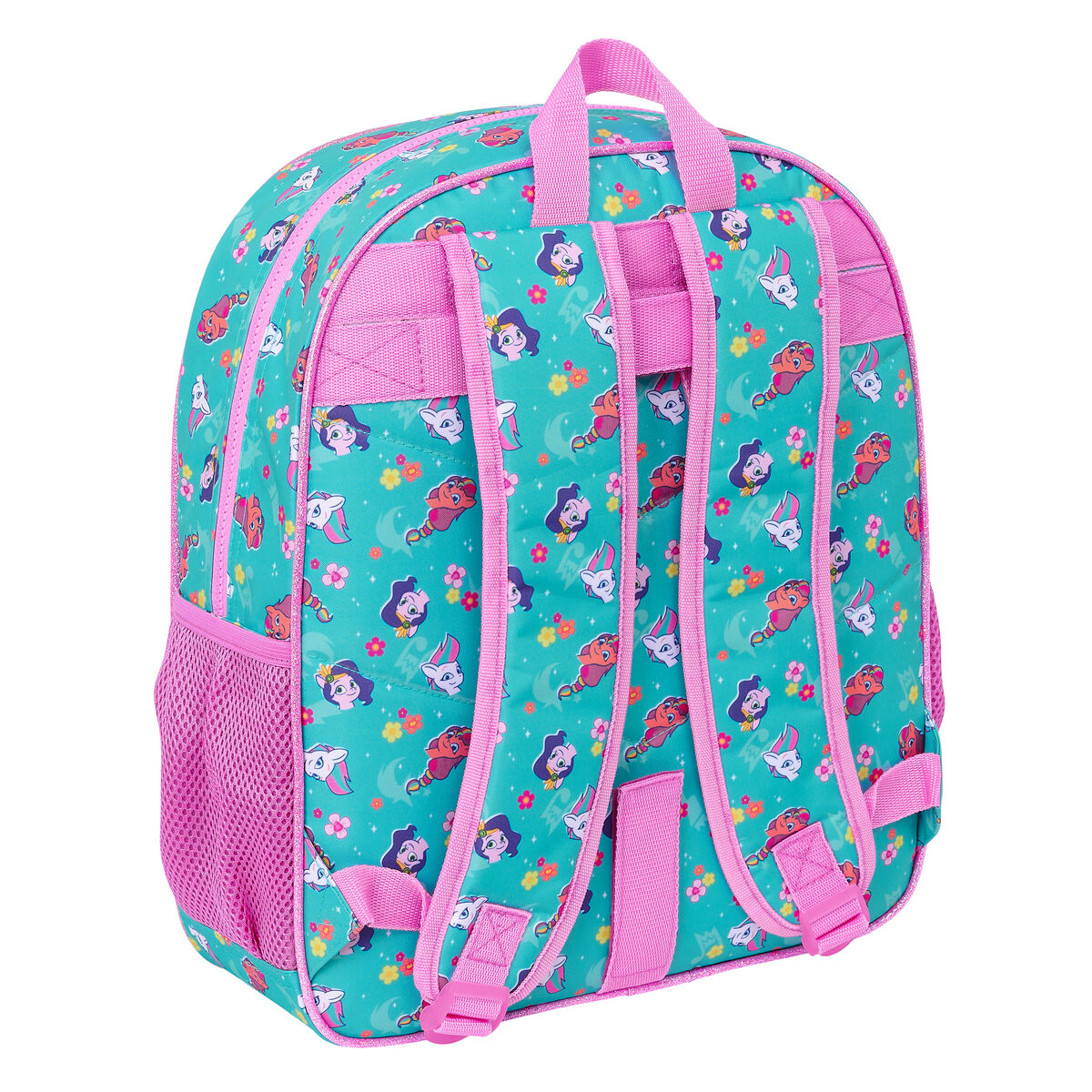 Rucksack, türkis mit rosa Trägern und Besatz. Zeigt Cartoon-Charaktere und Blumen.