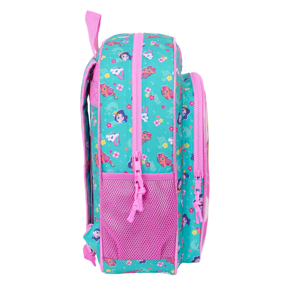 Rosa und türkisfarbener Rucksack mit Zeichentrickfiguren und Mustern.