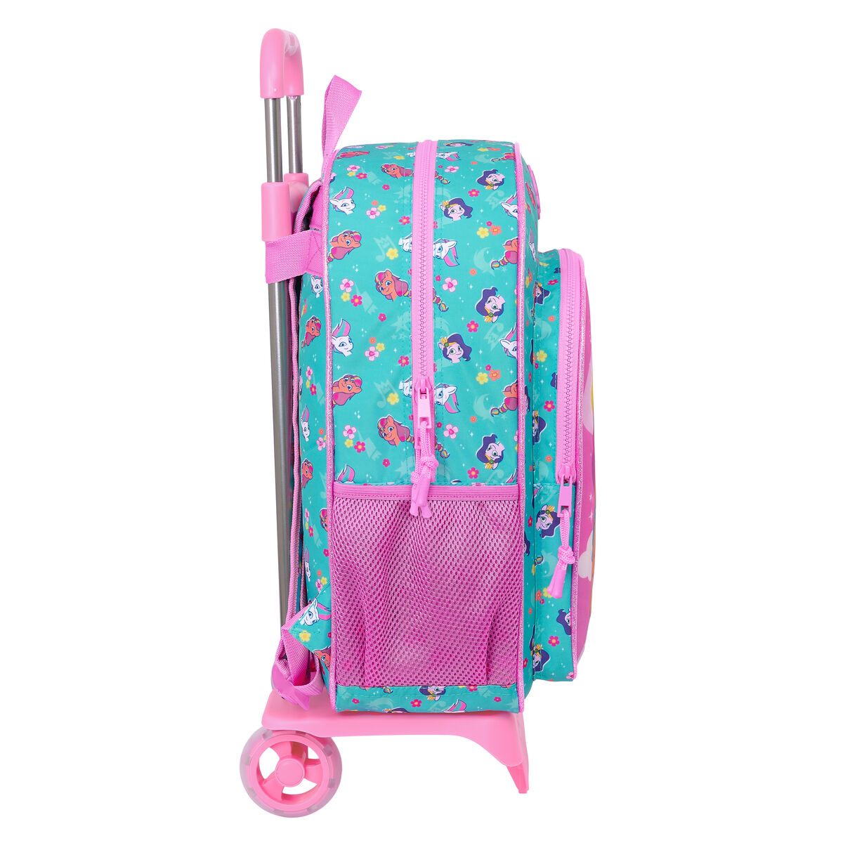 Rosa und türkisfarbener Rollrucksack mit Zeichentrickfiguren.