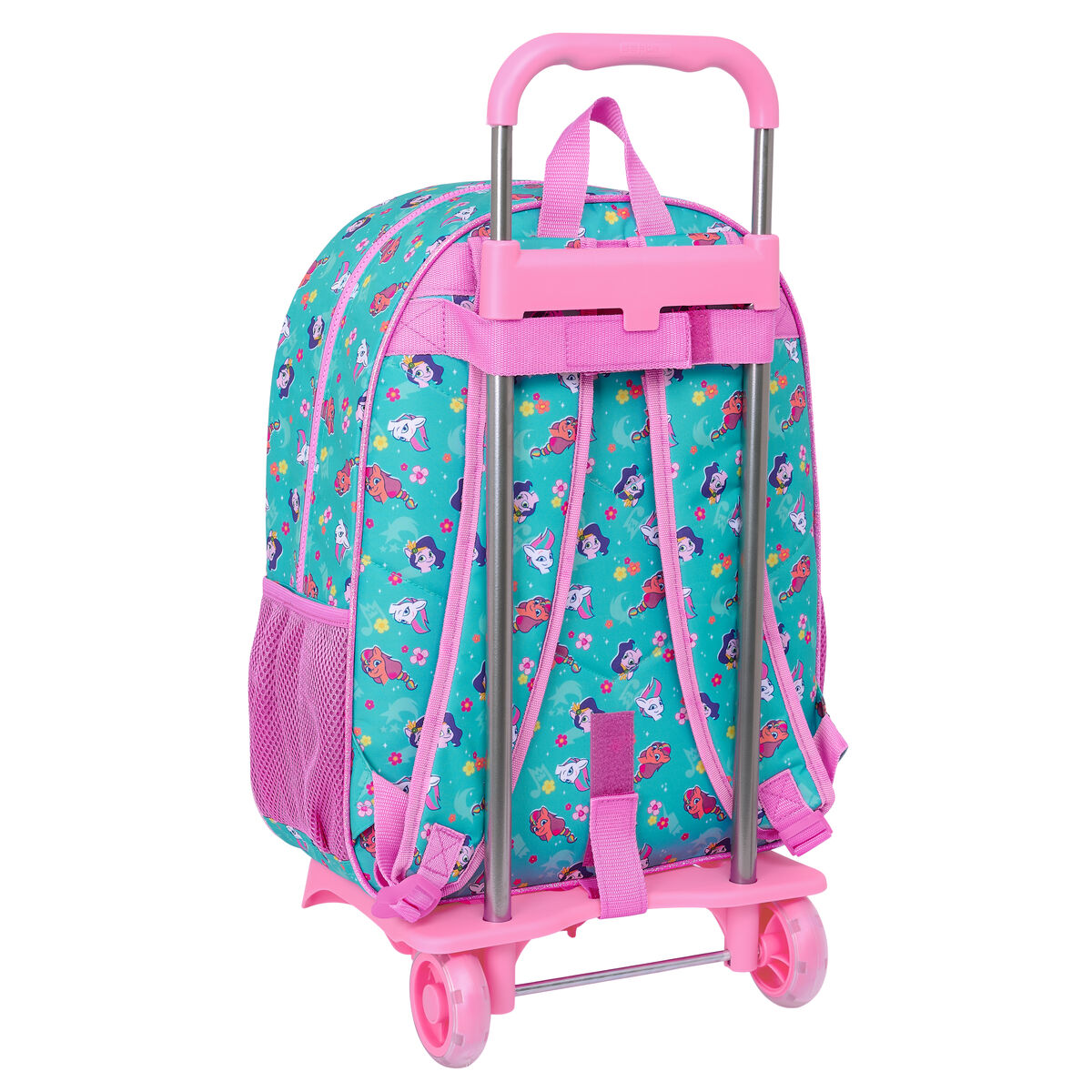 Ein türkisfarbener und pinkfarbener Rollrucksack mit Cartoon-Design, mit Griff und Rädern.