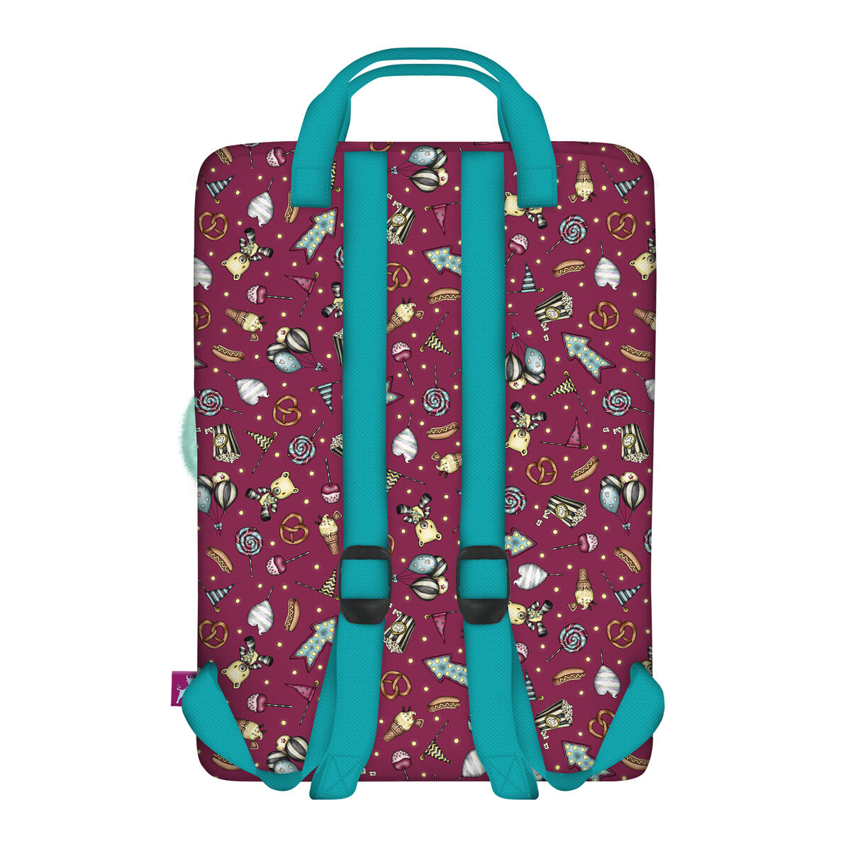 Rucksack mit sich wiederholendem Muster aus Süßigkeiten und Spielzeug.