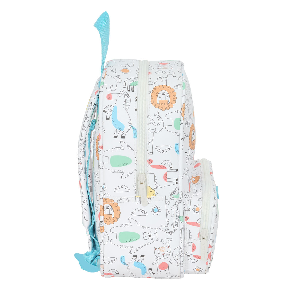 Weißer Rucksack mit Tierillustrationen, blauen Trägern und einer Seitentasche.