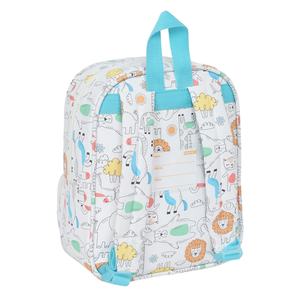 Weißer Rucksack mit Tiermotiven. Rucksack hat blauen Griff und Träger.