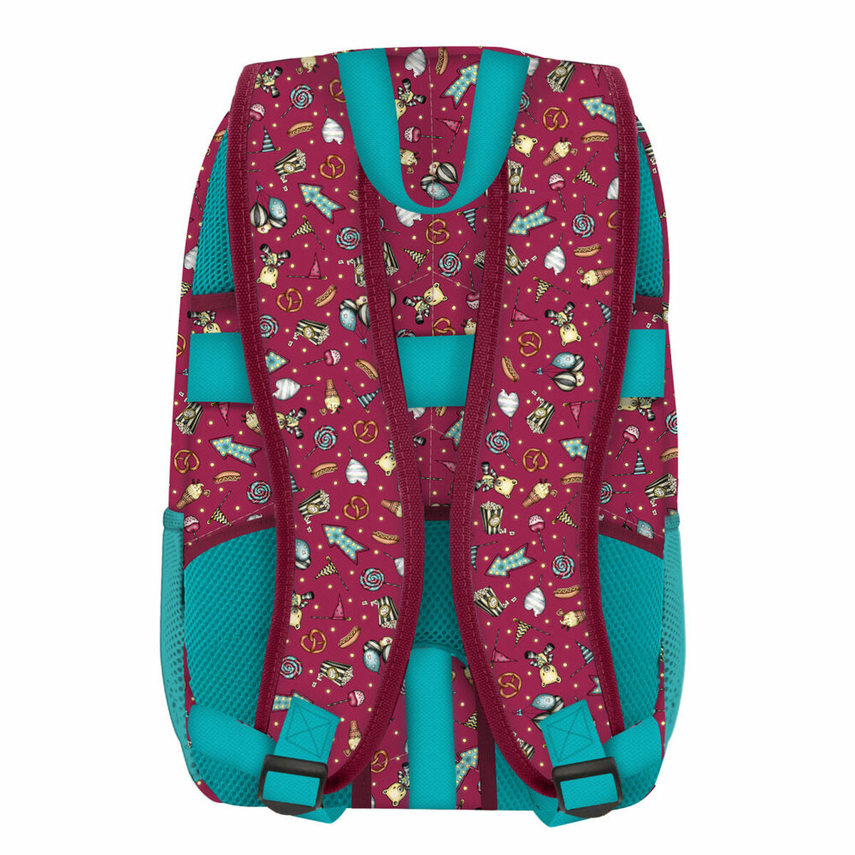 Ein roter Rucksack mit Süßigkeitenmuster und blauen Trägern.