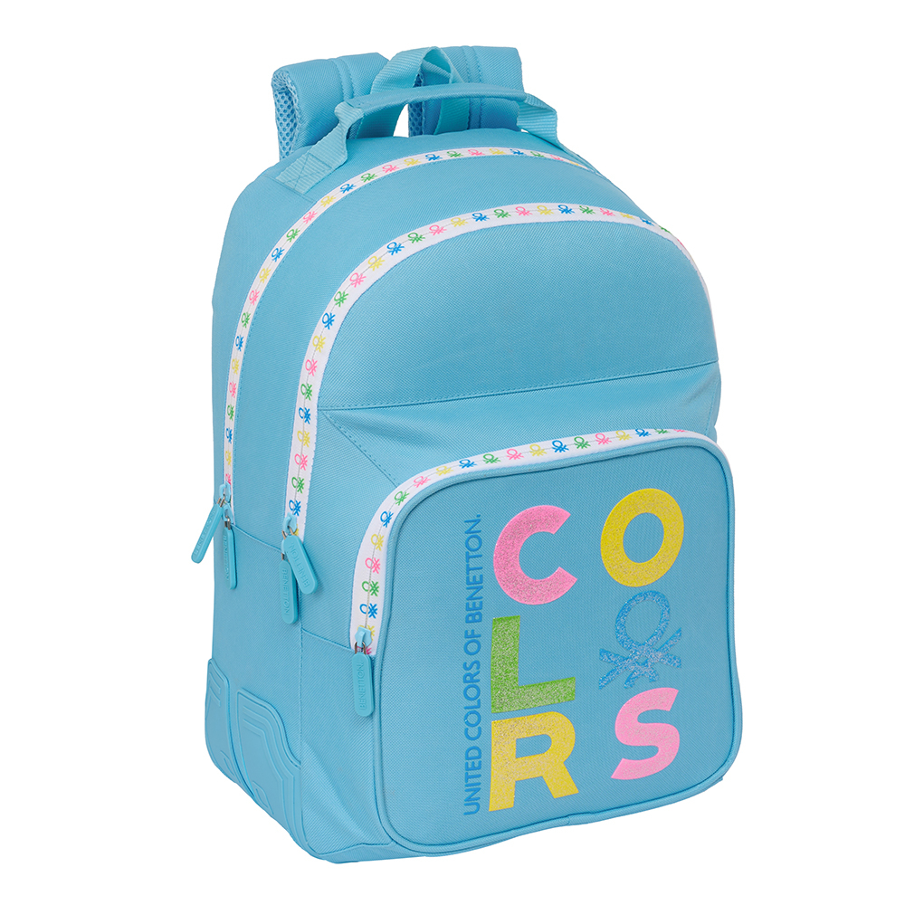 Hellblauer Rucksack mit 'COLORS'-Text und Benetton-Logo. Weiße und bunte Details.