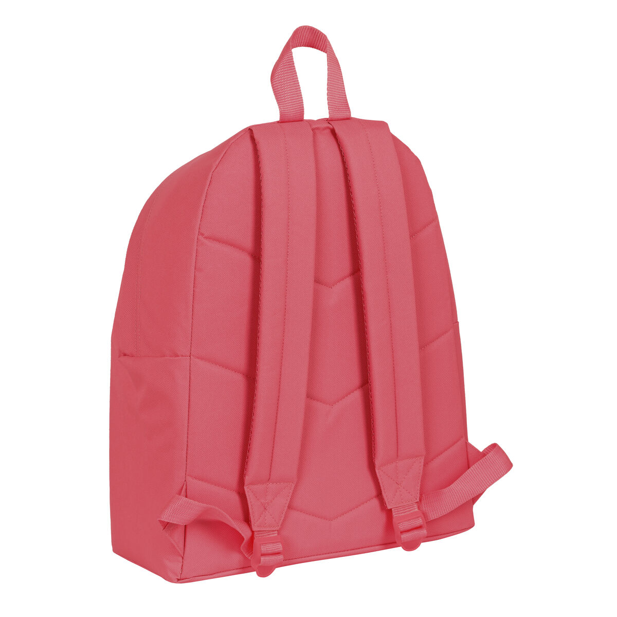 Ein rosa Rucksack mit schwarzen Trägern, von hinten betrachtet, auf einer weißen Oberfläche.