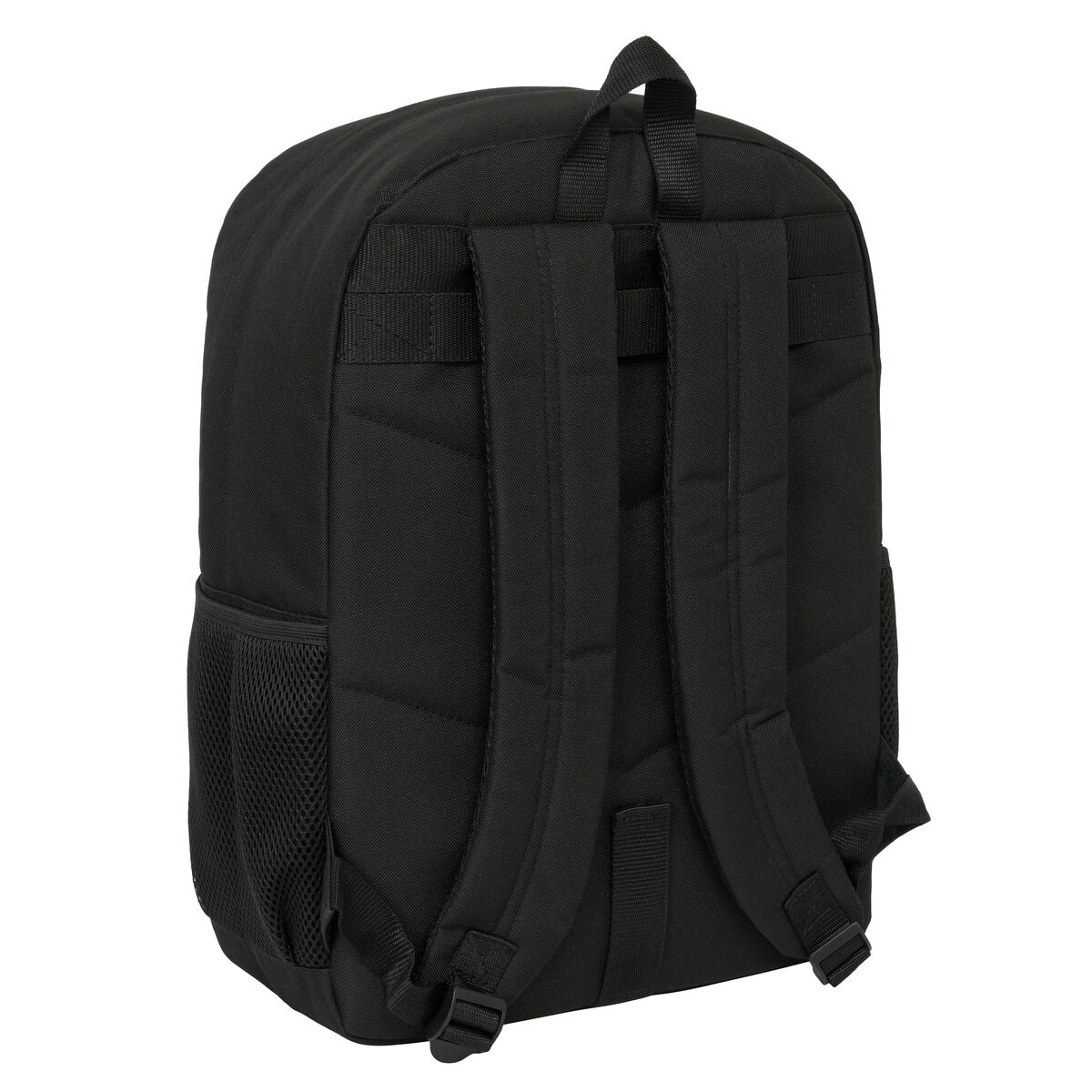 Schwarzer Rucksack, Rückansicht. Mit Schultergurten, einem Griff und einer Seitentasche. Schlichtes schwarzes Design.