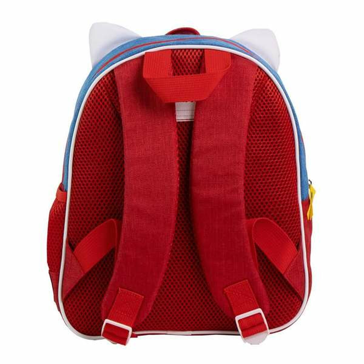 Roter und blauer Rucksack mit weißen Katzenohren und roten Riemen.