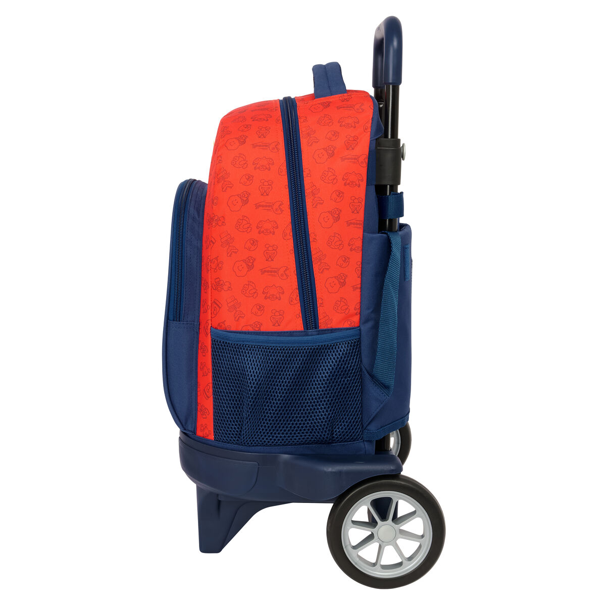 Ein rot-blauer Rollrucksack mit Seitentasche und Griff.