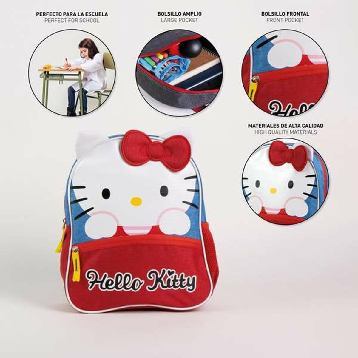 Hello Kitty Rucksack. Rot und weiß mit Hello Kitty Gesicht. Text: Perfekt für die Schule. Hat Taschen.