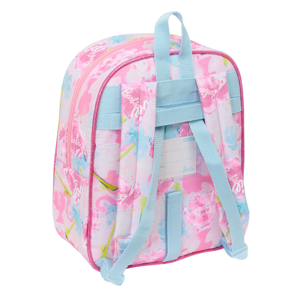 Rosa Barbie-Rucksack mit blauen Trägern und Details, weißer Hintergrund. Rückansicht.