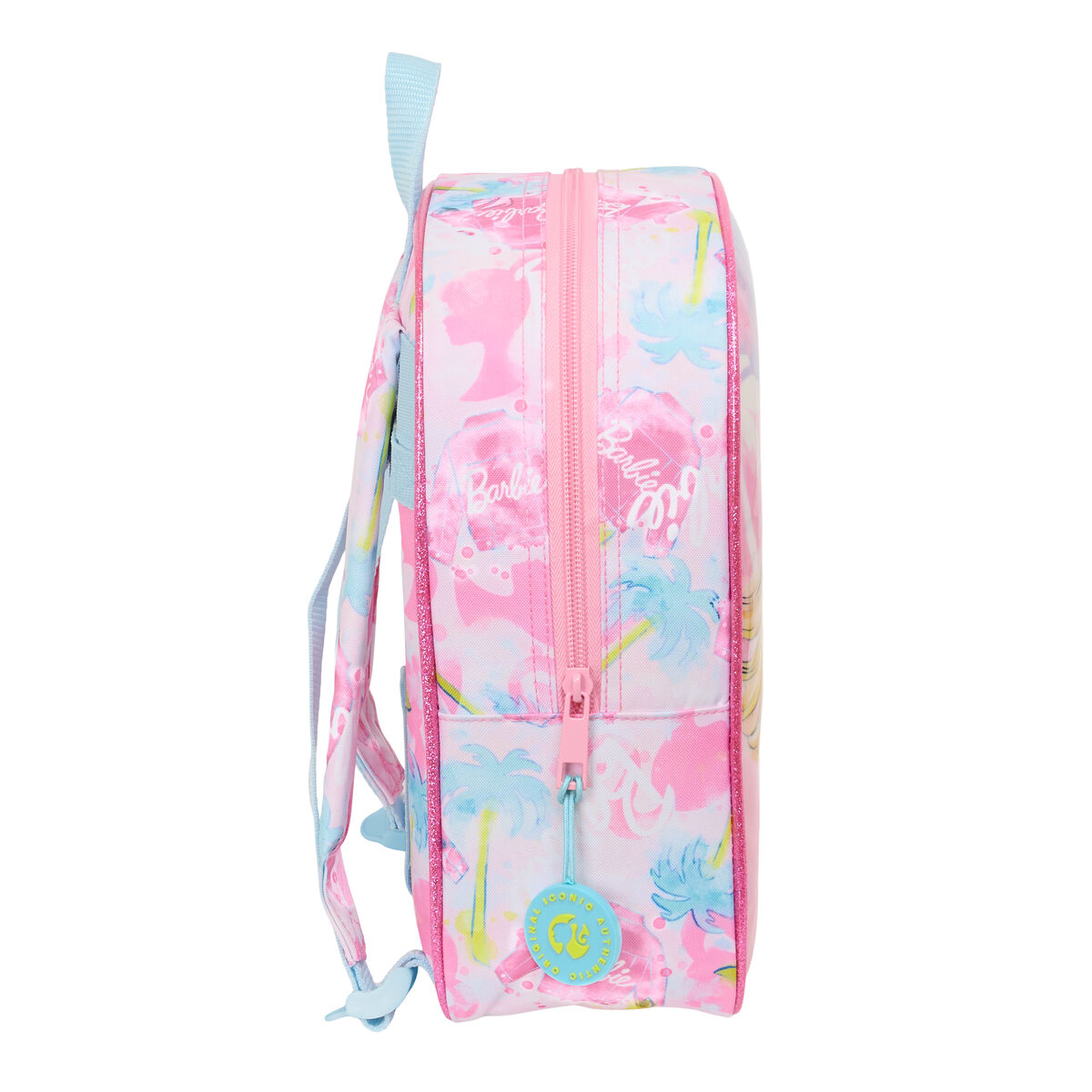 Pinker Barbie-Rucksack mit Reißverschluss, Logo und Palmenmuster. Blaue Träger und Griff.