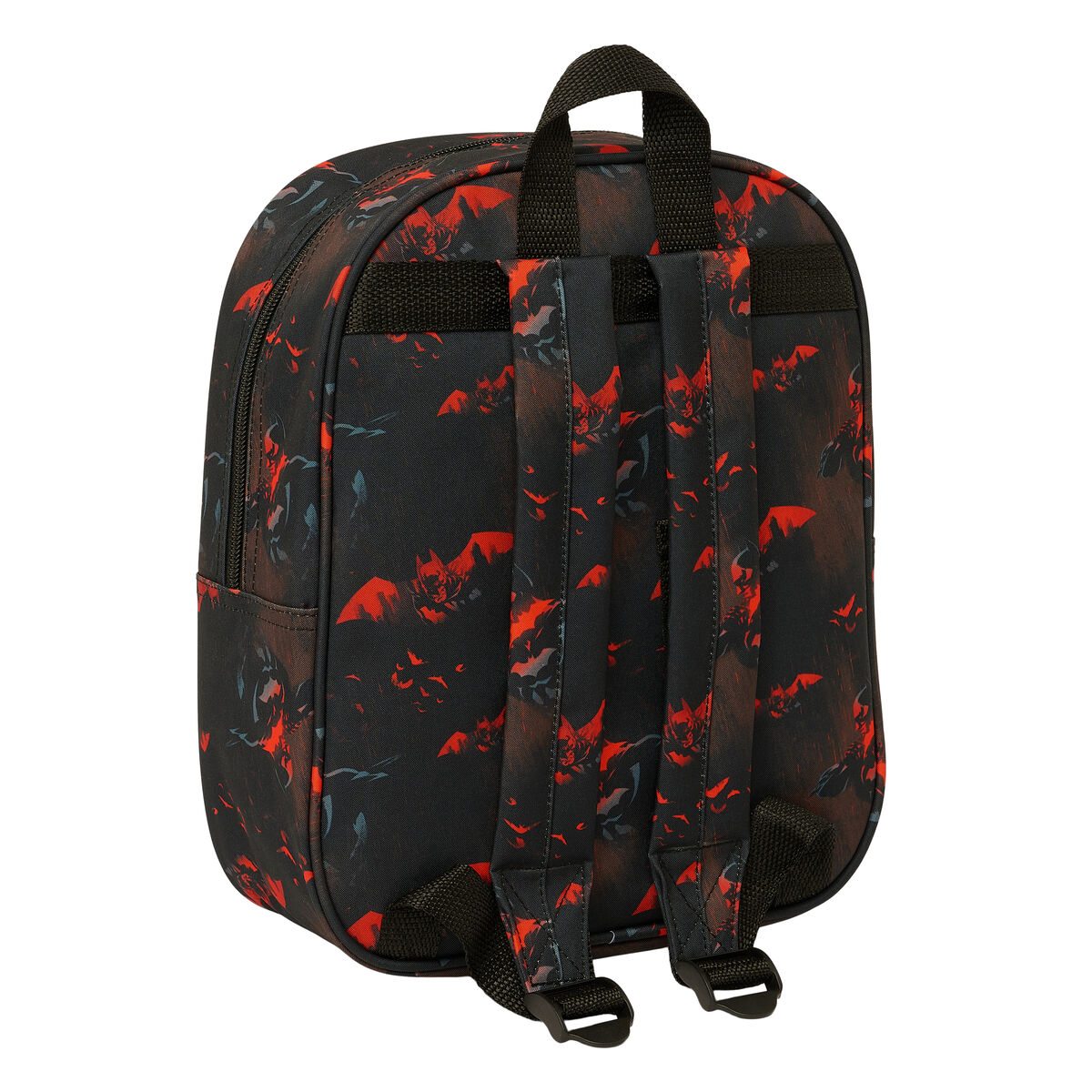 Schwarzer Rucksack mit roten Fledermaussymbolen. Zwei Schultergurte. Griff oben. Schwarzer Hintergrund.