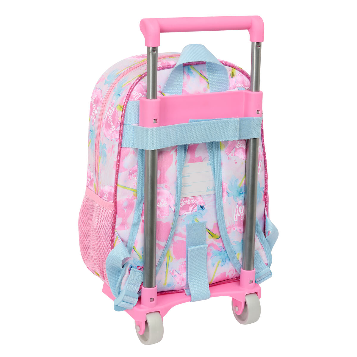 Ein pinkfarbener Barbie-Rolltornister mit blauen Akzenten und einem pinkfarbenen Griff.