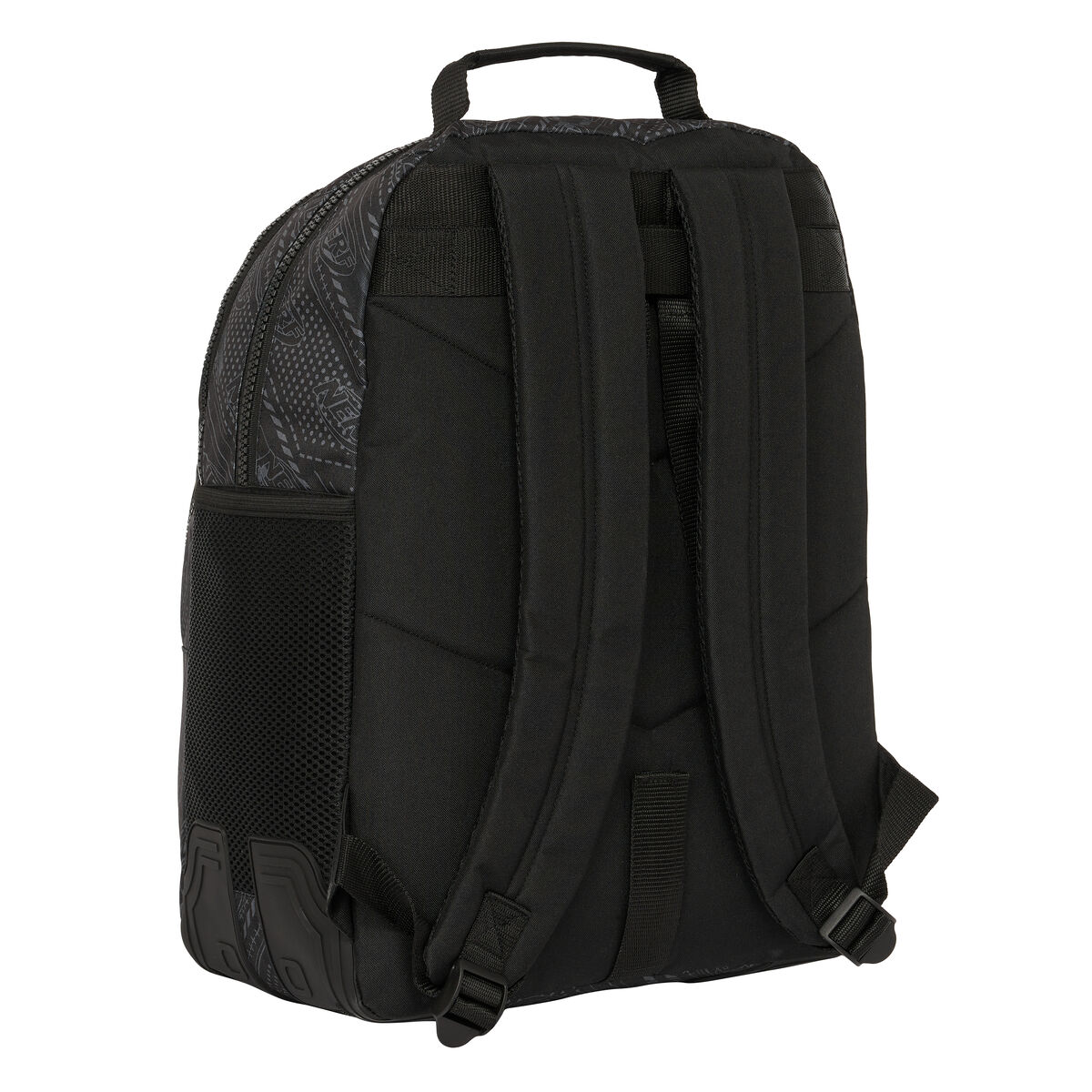 Schwarzer Rucksack mit gemusterter oberer Tasche und Netzseitentasche, Rückansicht.
