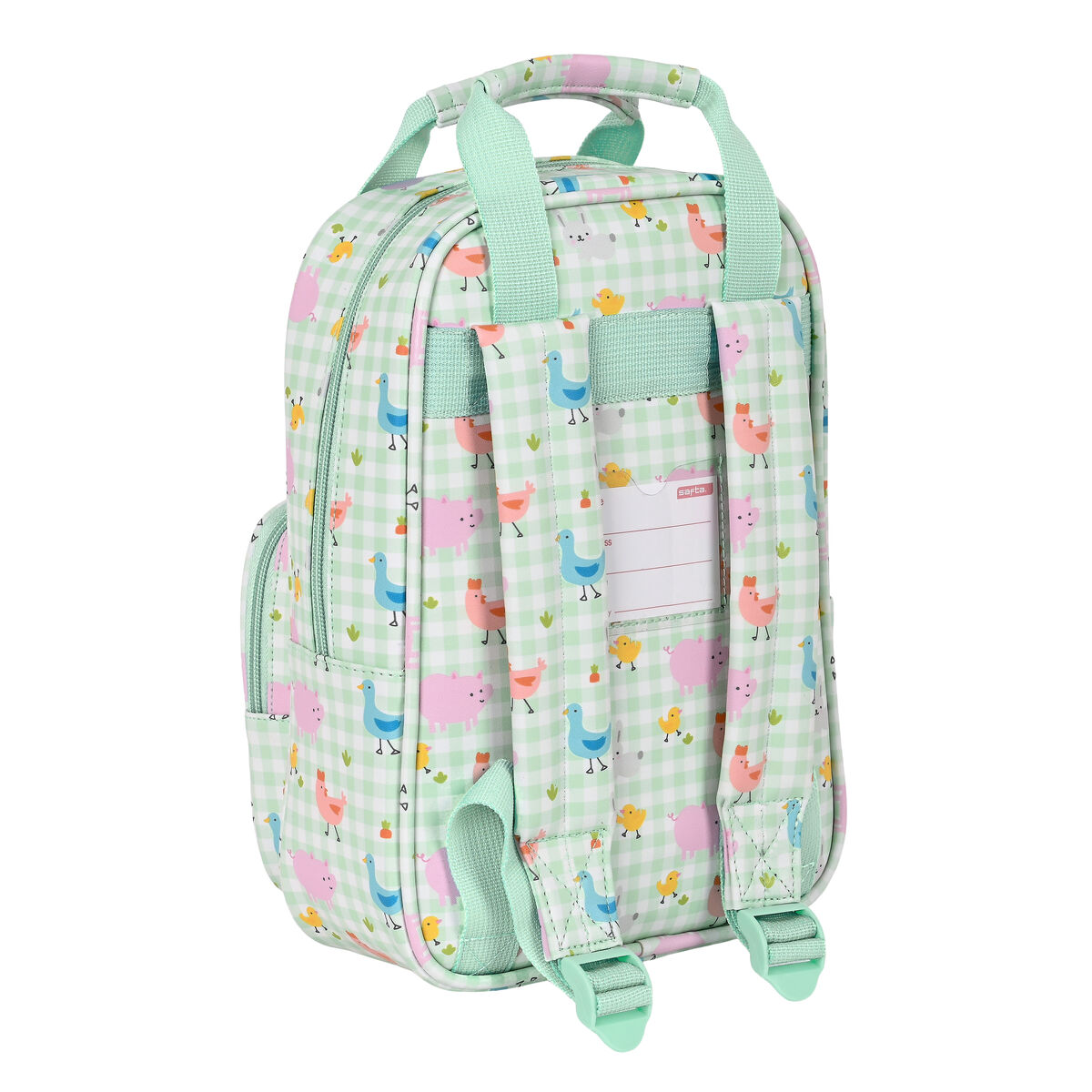 Mochila verde con estampado de animales de granja.