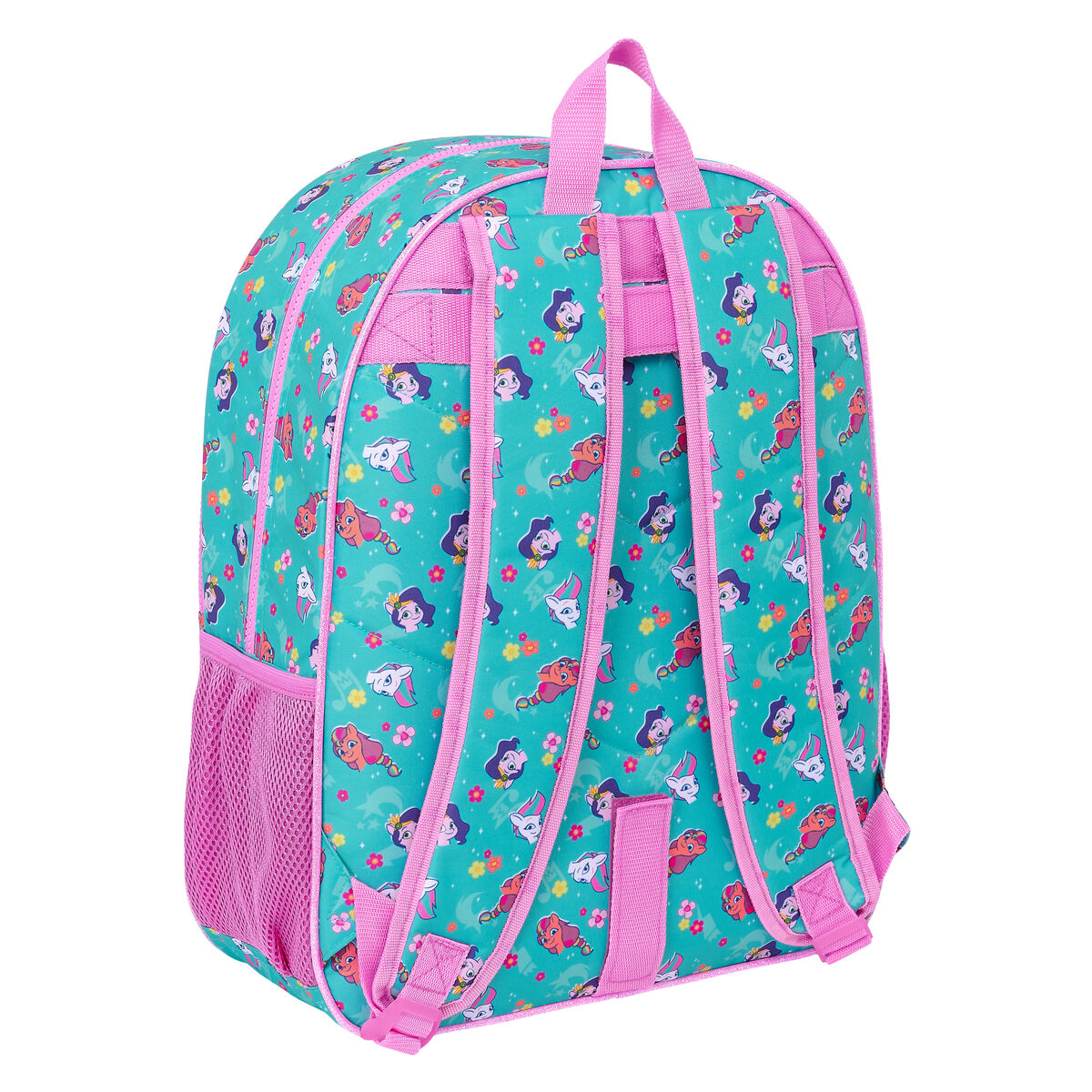 Rucksack mit türkisem Hintergrund und rosa Trägern, mit Cartoonfiguren bedeckt.