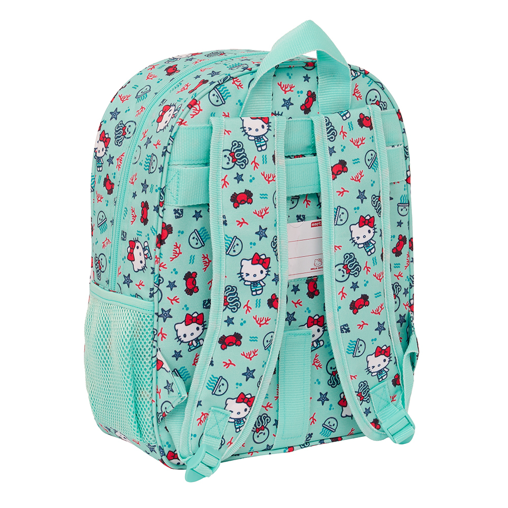 Türkisfarbener Hello Kitty-Rucksack mit Meeresmuster und Namensschild auf der Rückseite.