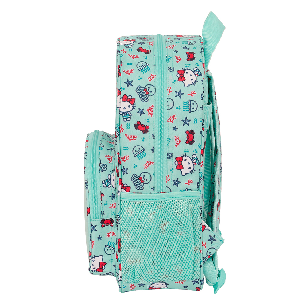 Hellblauer Hello Kitty-Rucksack mit Meeresmotiven. Er hat eine Seitentasche und eine Netztasche vorne.