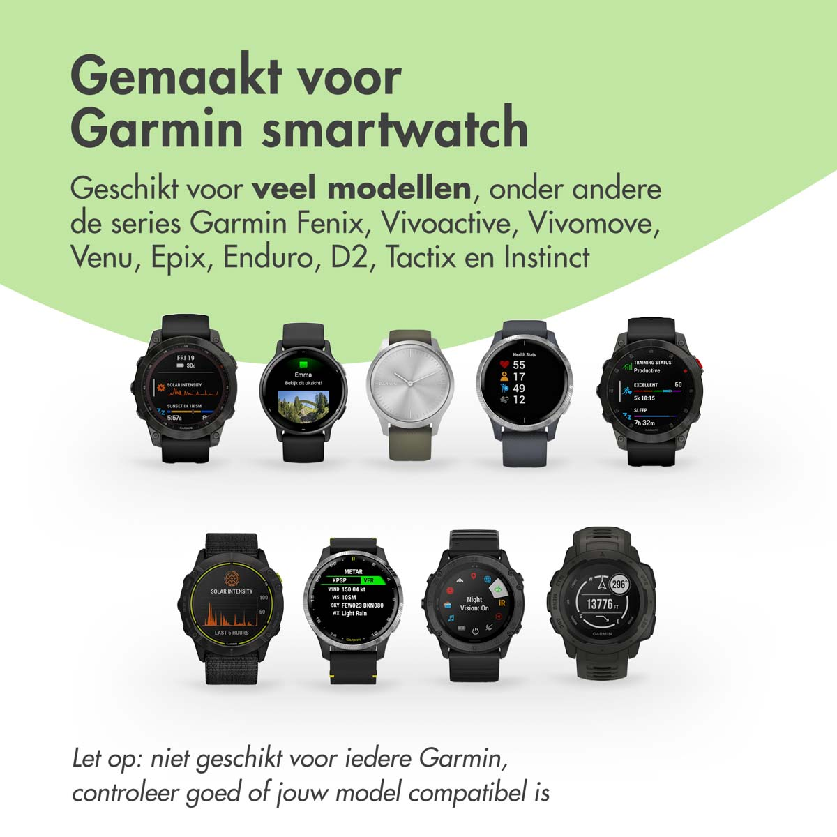 Collection de montres connectées Garmin. Le texte indique les modèles compatibles. Les montres affichent des données, noir, argent et vert.