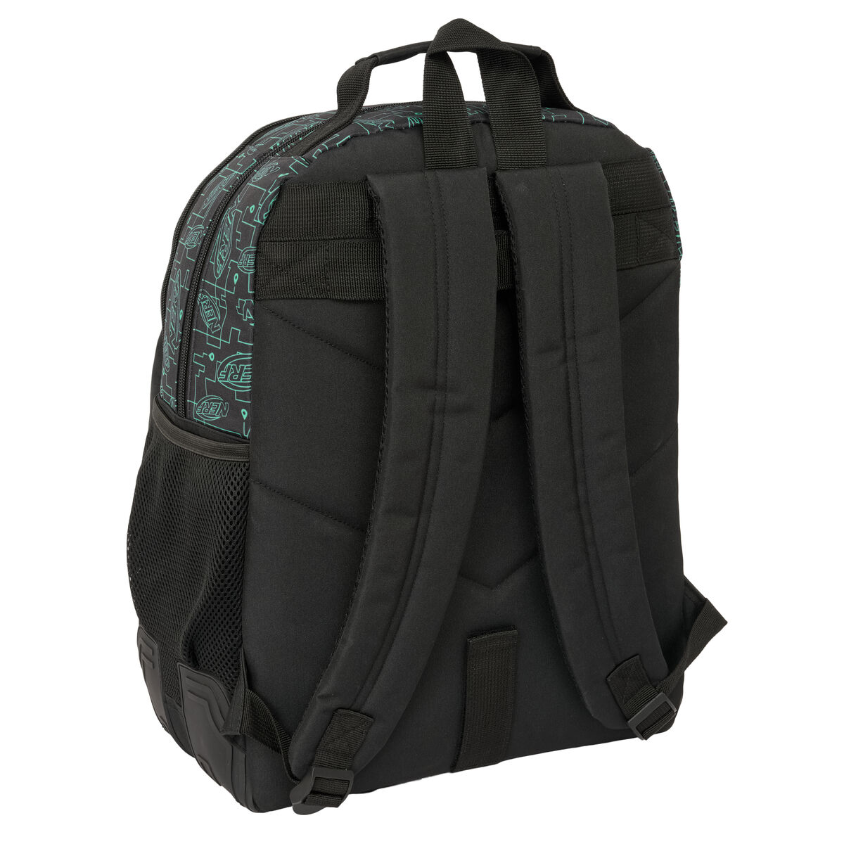 Schwarzer Rucksack mit Nerf-Design und schwarzen Trägern.