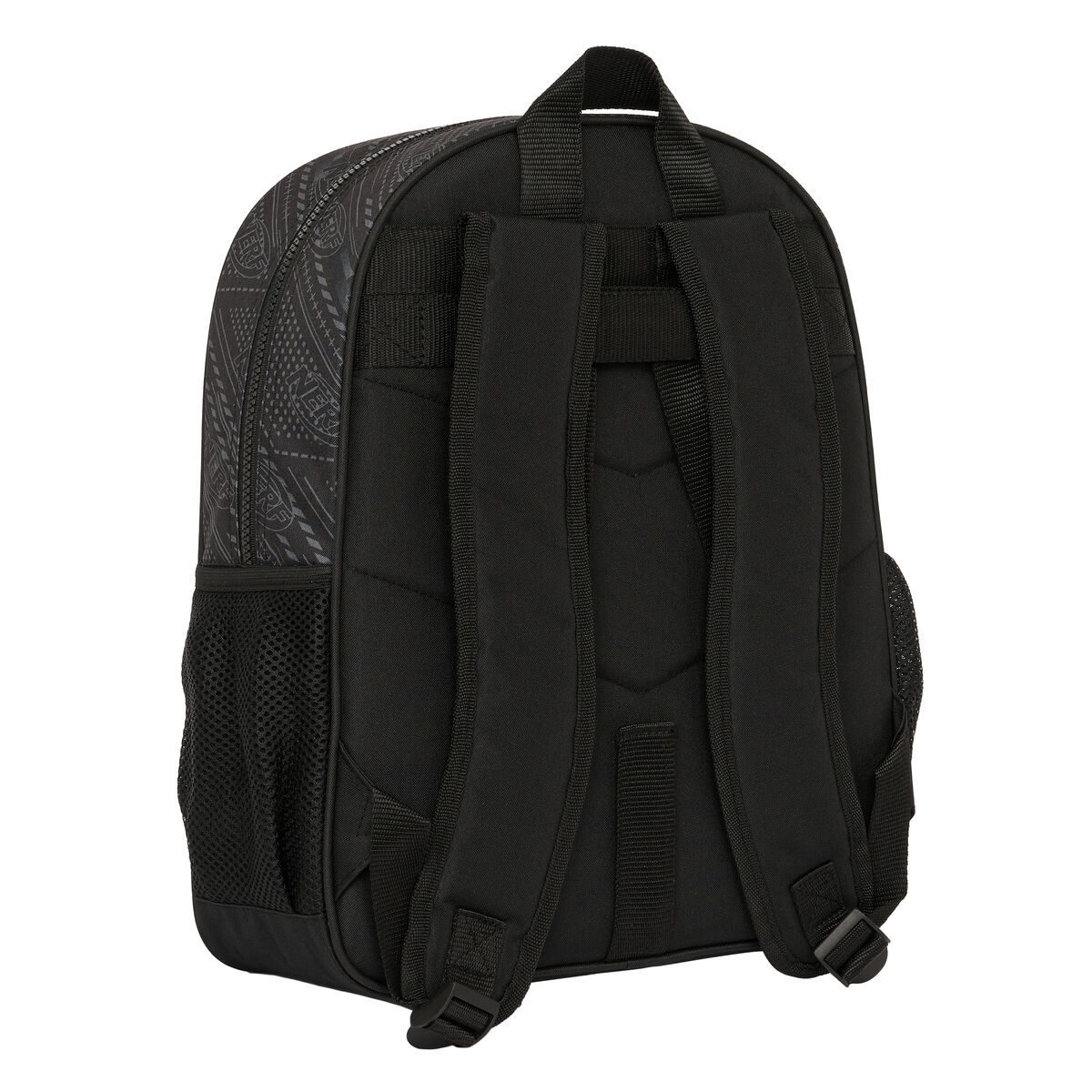 Schwarzer Rucksack mit Stammesmuster, Netztasche und gepolsterten Trägern. Rückansicht.