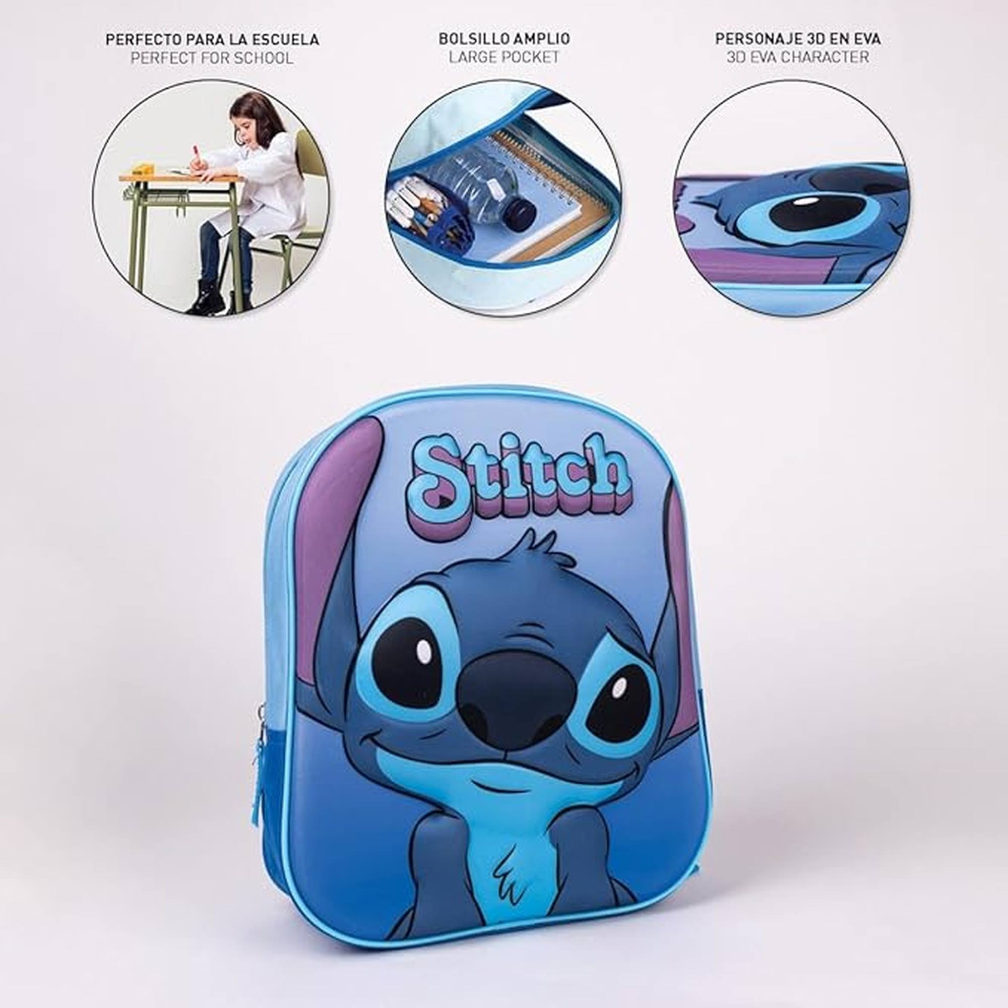 Blauer Stitch-Rucksack. Verfügt über ein Stitch-Charakterdesign. Enthält Schul- und Taschenillustrationen.