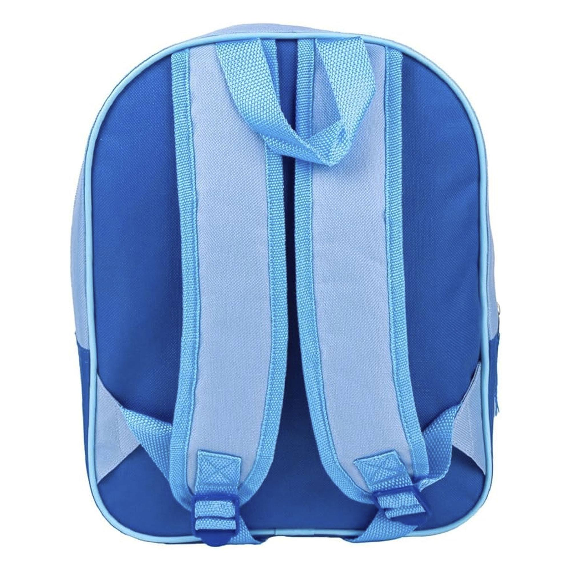 Blauer und hellblauer Rucksack mit Trägern und Schnallen auf weißem Hintergrund.