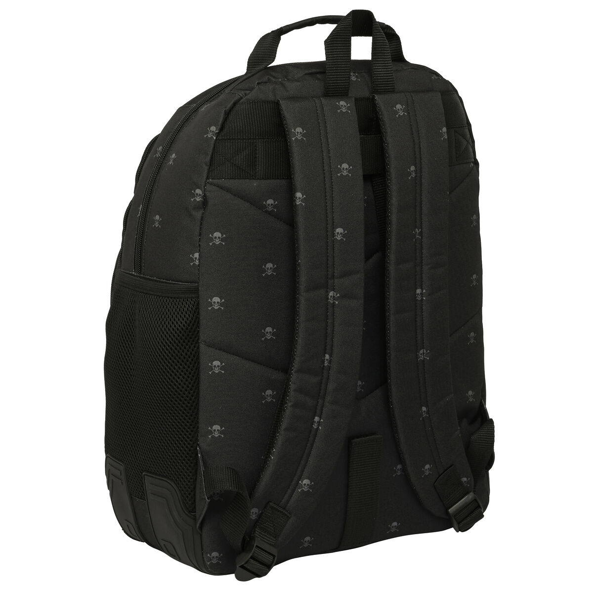 Schwarzer Rucksack mit Totenkopfmuster. Mit Trägern, Seitentasche und Mesh-Detail.