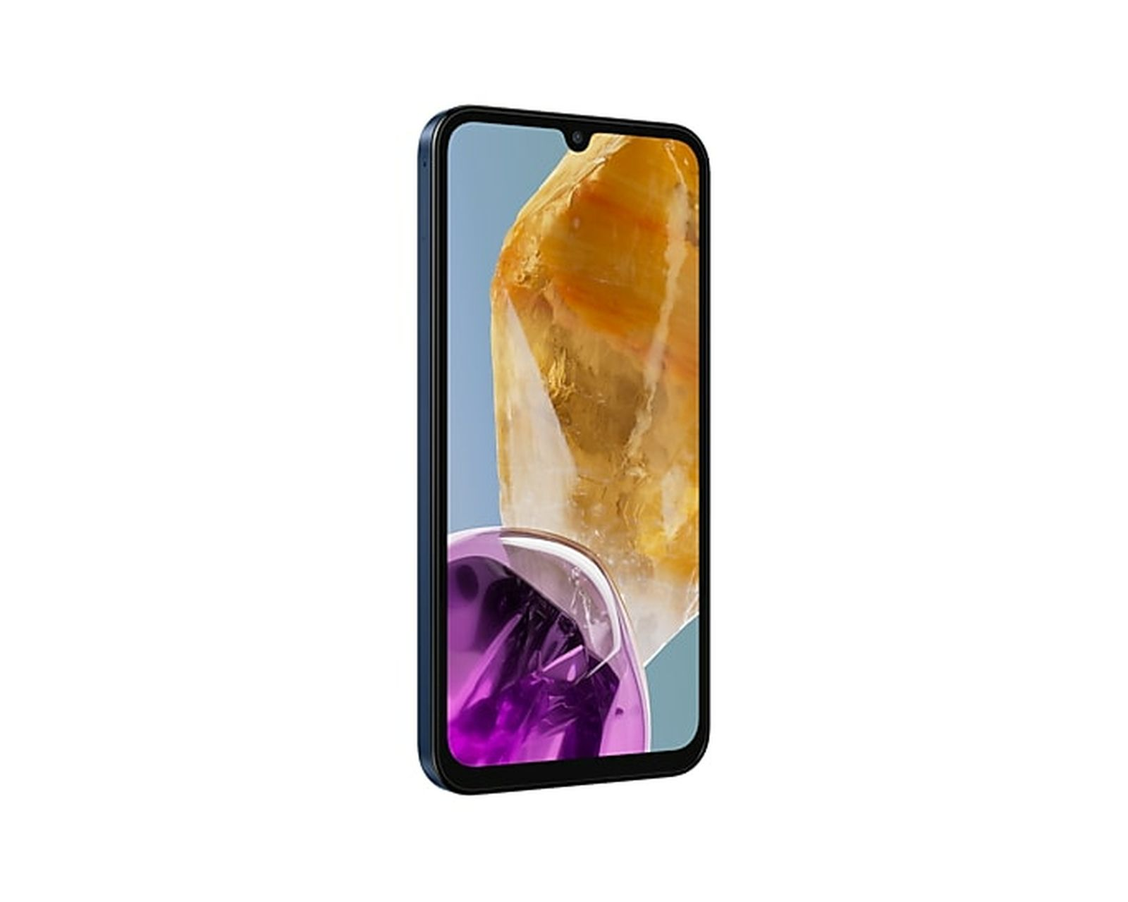 Smartphone azul con pantalla mostrando gema amarilla y morada, vista de perfil.