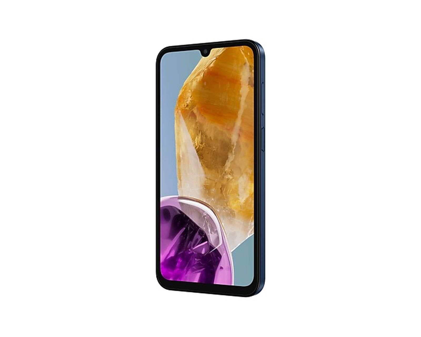 Un teléfono inteligente azul oscuro con una pantalla que muestra una imagen abstracta está sobre un fondo blanco.